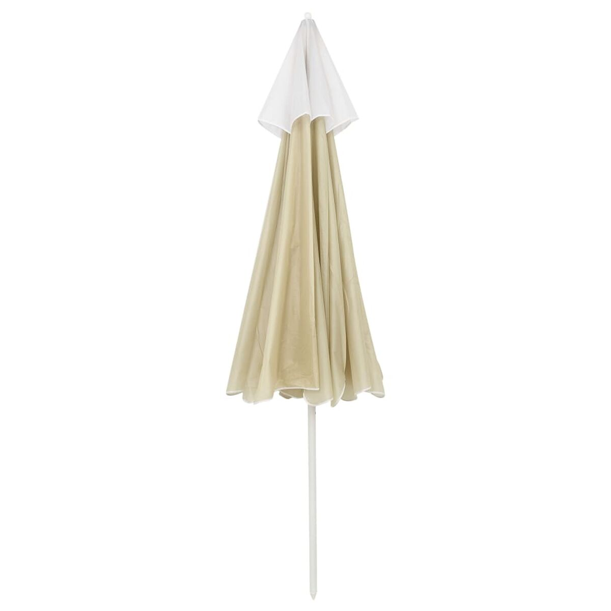 Ombrello beige e bianco chiuso con un palo bianco. L'ombrello è appuntito in alto.
