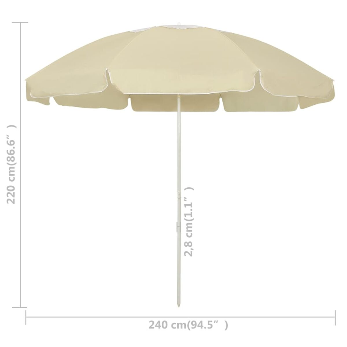 Ombrellone beige da esterno con misure indicate. L'ombrellone ha un bordo bianco.