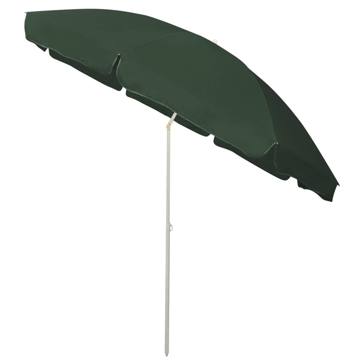 Ein grüner Sonnenschirm ist vor weißem Hintergrund geöffnet. Der Pfahl ist weiß.