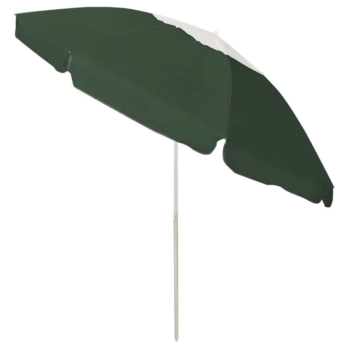 Un ombrellone verde e bianco con un palo bianco, su sfondo bianco.