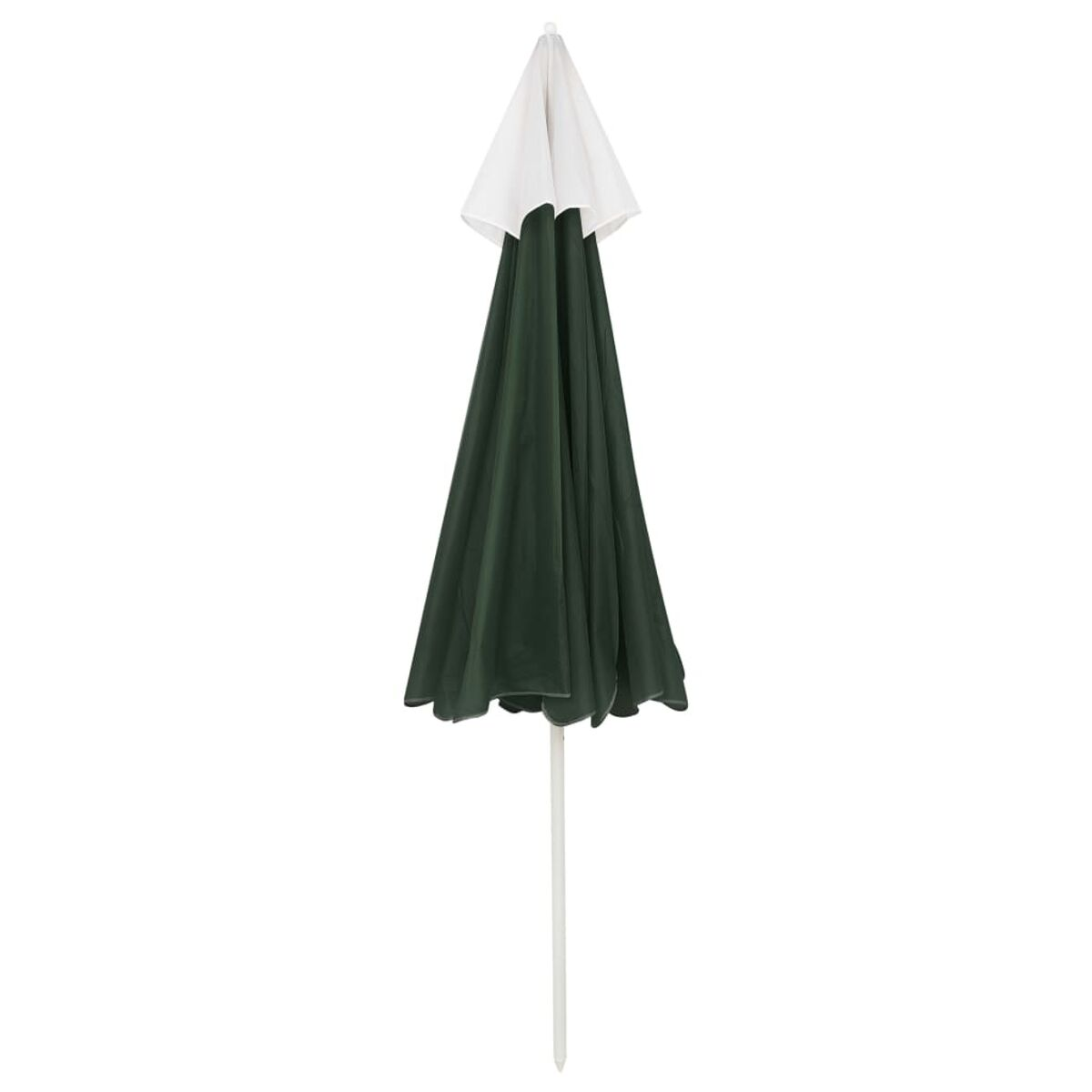 Ombrello bianco e verde chiuso, su sfondo bianco, con un lungo manico bianco.