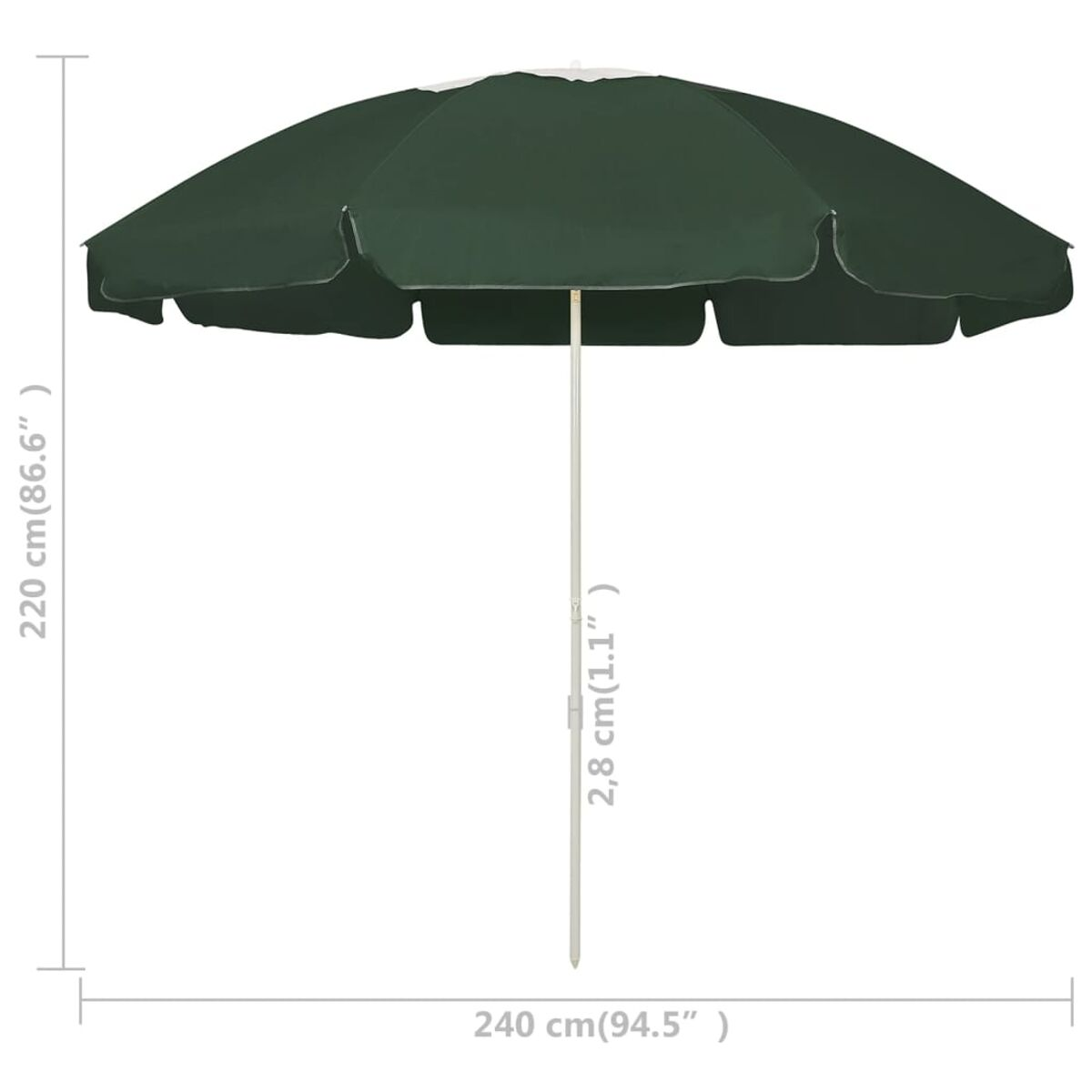 Ombrellone verde da esterno con misure, su sfondo bianco.