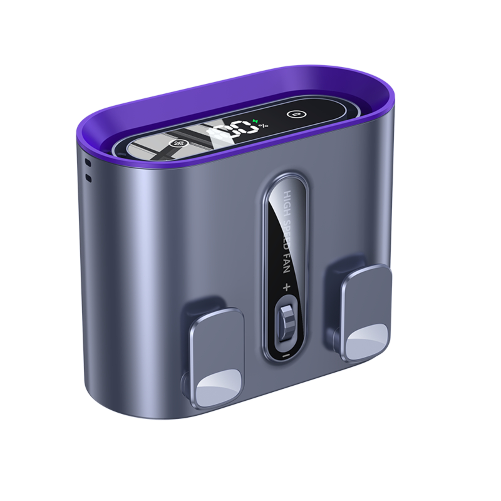 Ein grau-violettes elektronisches Gerät mit Bildschirm und zwei knopfartigen Merkmalen. Weißer Hintergrund.