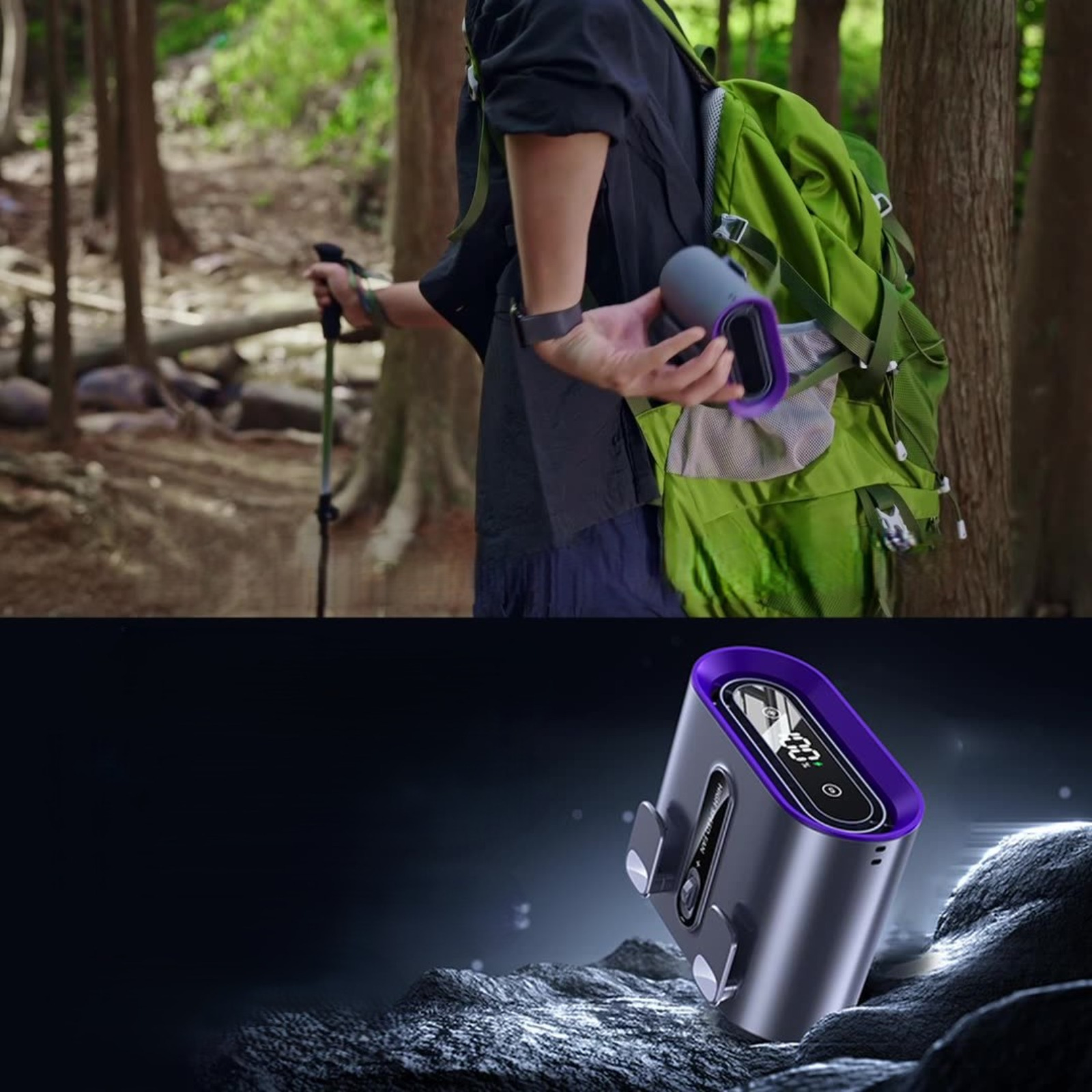 Eine Person im Wald, die einen tragbaren Luftreiniger hält. Ein zweites Bild zeigt den Reiniger aus der Nähe.