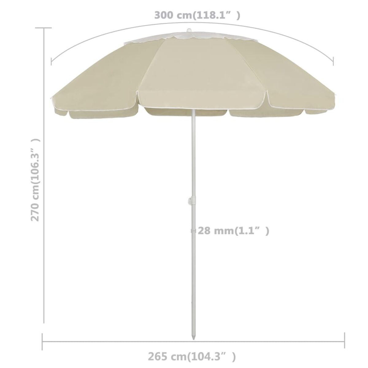 Ombrellone beige con dimensioni in centimetri. Ha un palo bianco e una forma arrotondata.
