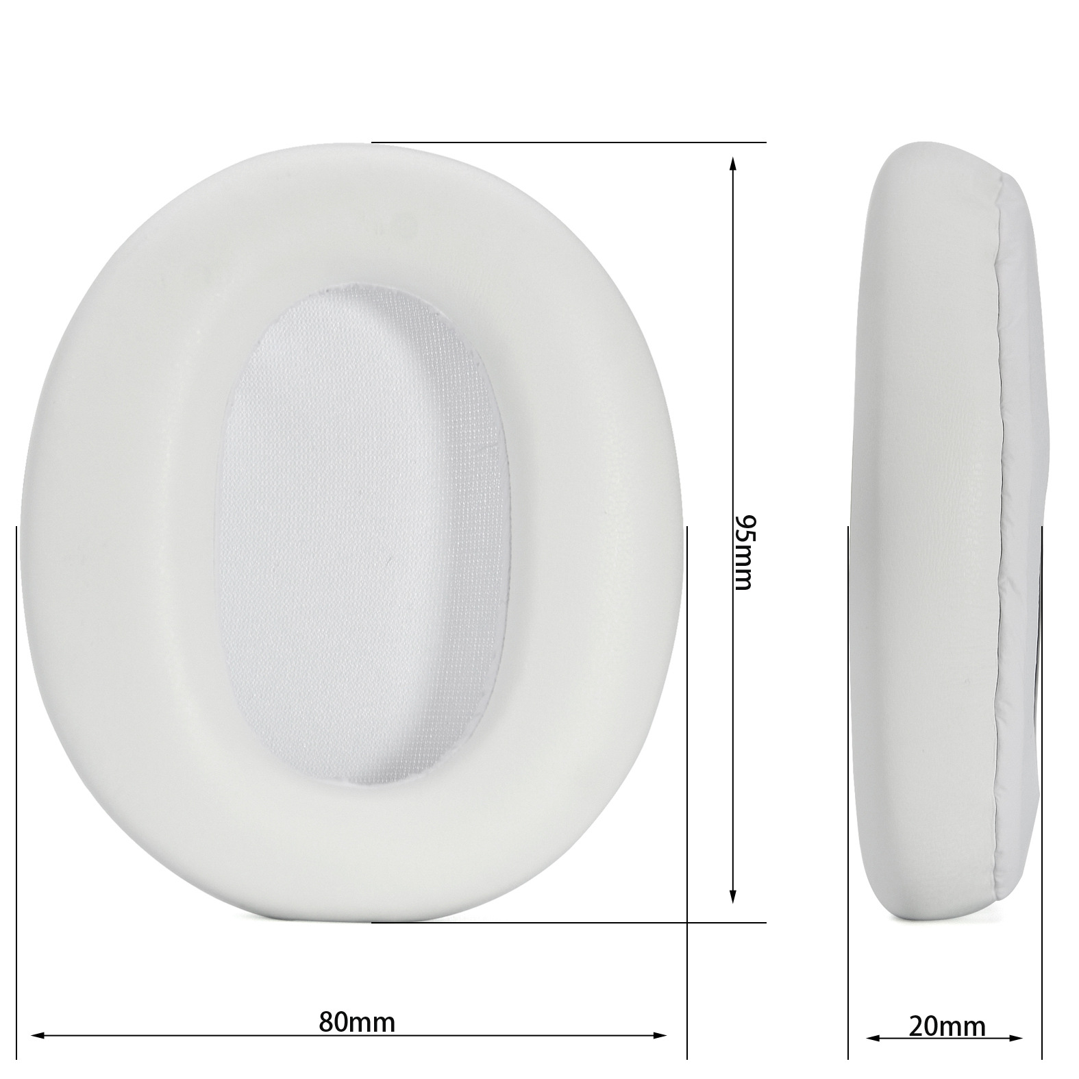 Weiße Kopfhörer-Ohrpolster mit Abmessungen: 80 mm breit, 95 mm hoch und 20 mm dick.