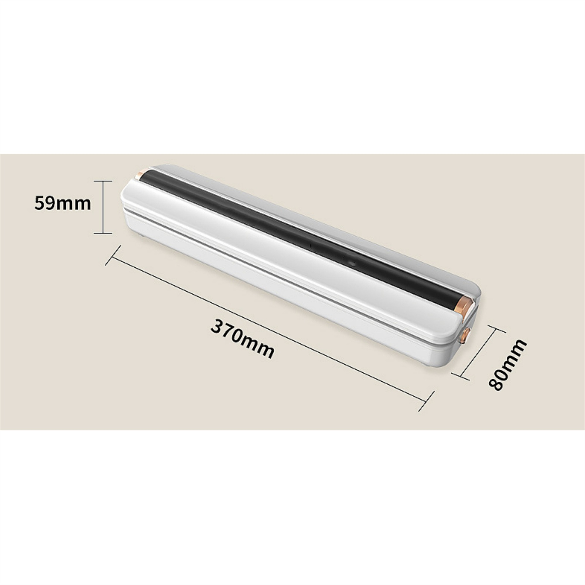 Weißer Folienabroller mit Maßen. Abmessungen sind 370mm x 80mm x 59mm, weißer Hintergrund.
