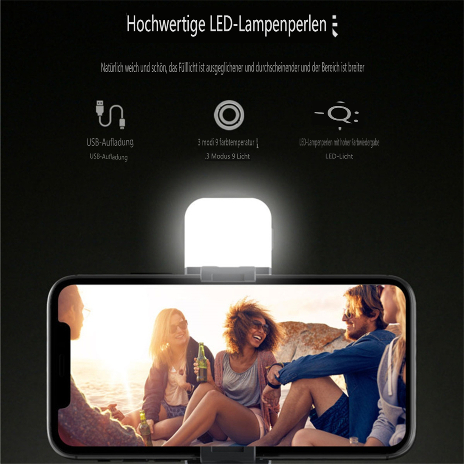 Ein Telefon mit angebrachtem Licht, im Hintergrund Personen. Das Licht hat 3 Modi.