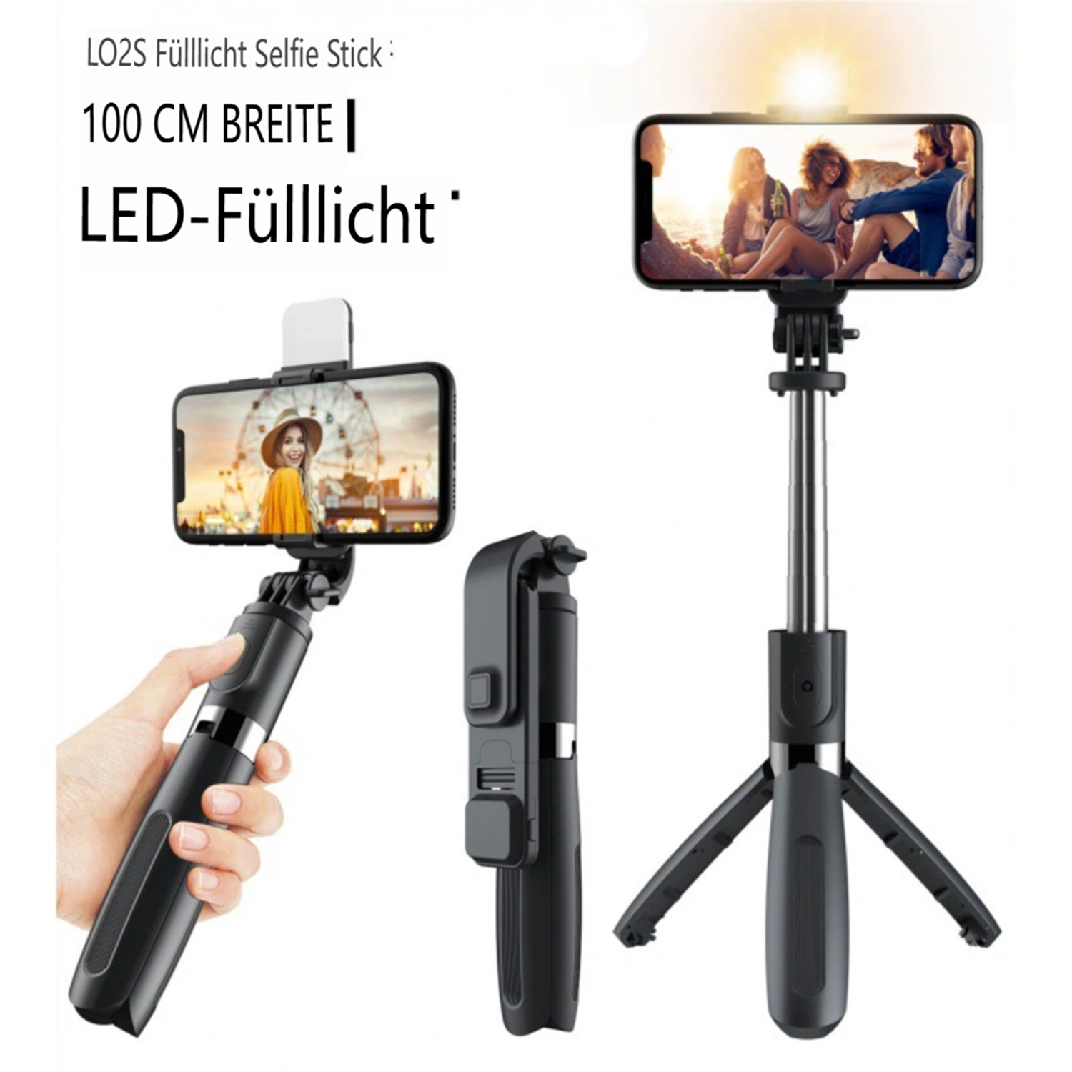 Selfie-Stick mit montiertem Telefon, plus geschlossenem Stick und Stativ, alles mit Text.