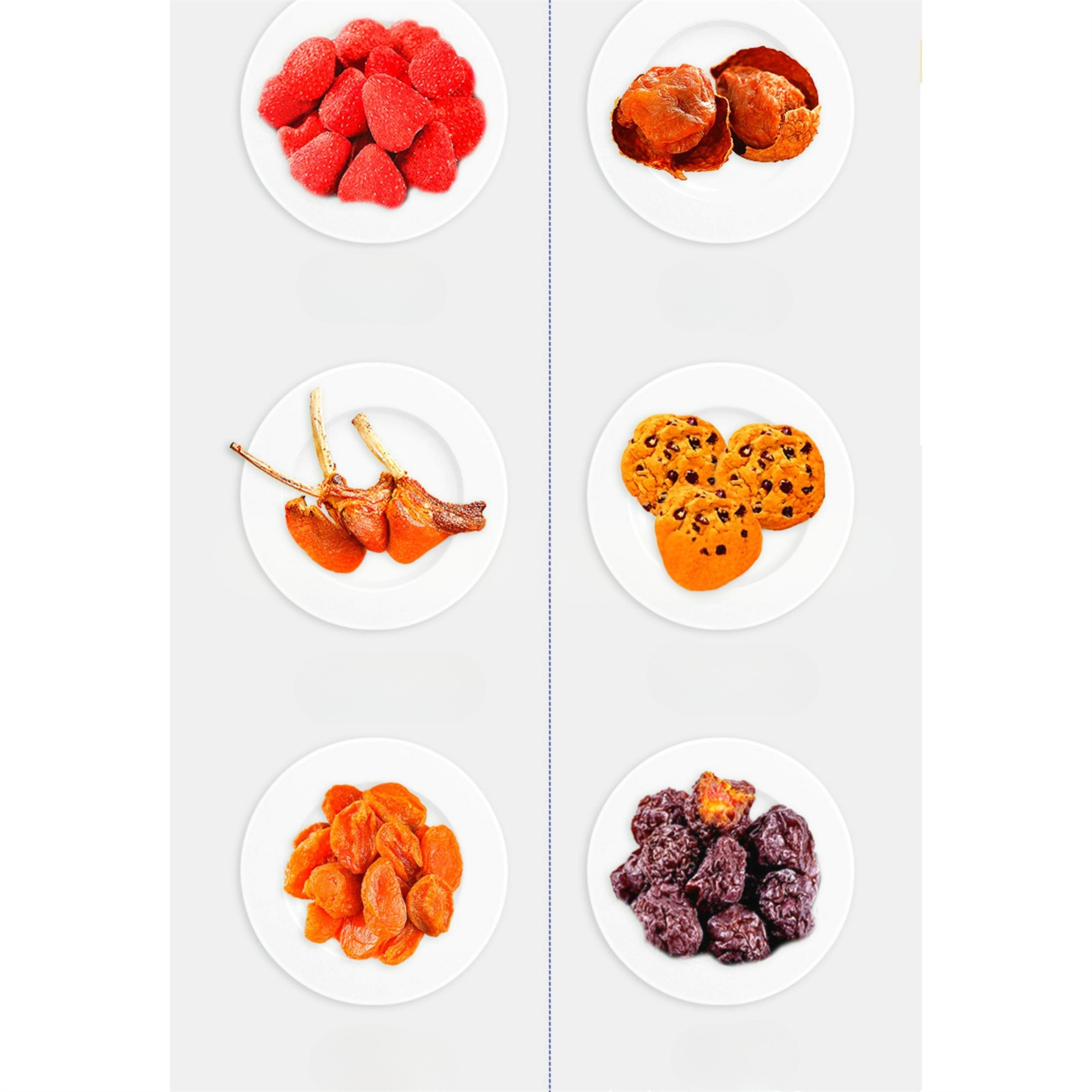 Teller mit Essen: Erdbeeren, Fleischbällchen, Lammkoteletts, Kekse, Aprikosen und Datteln.