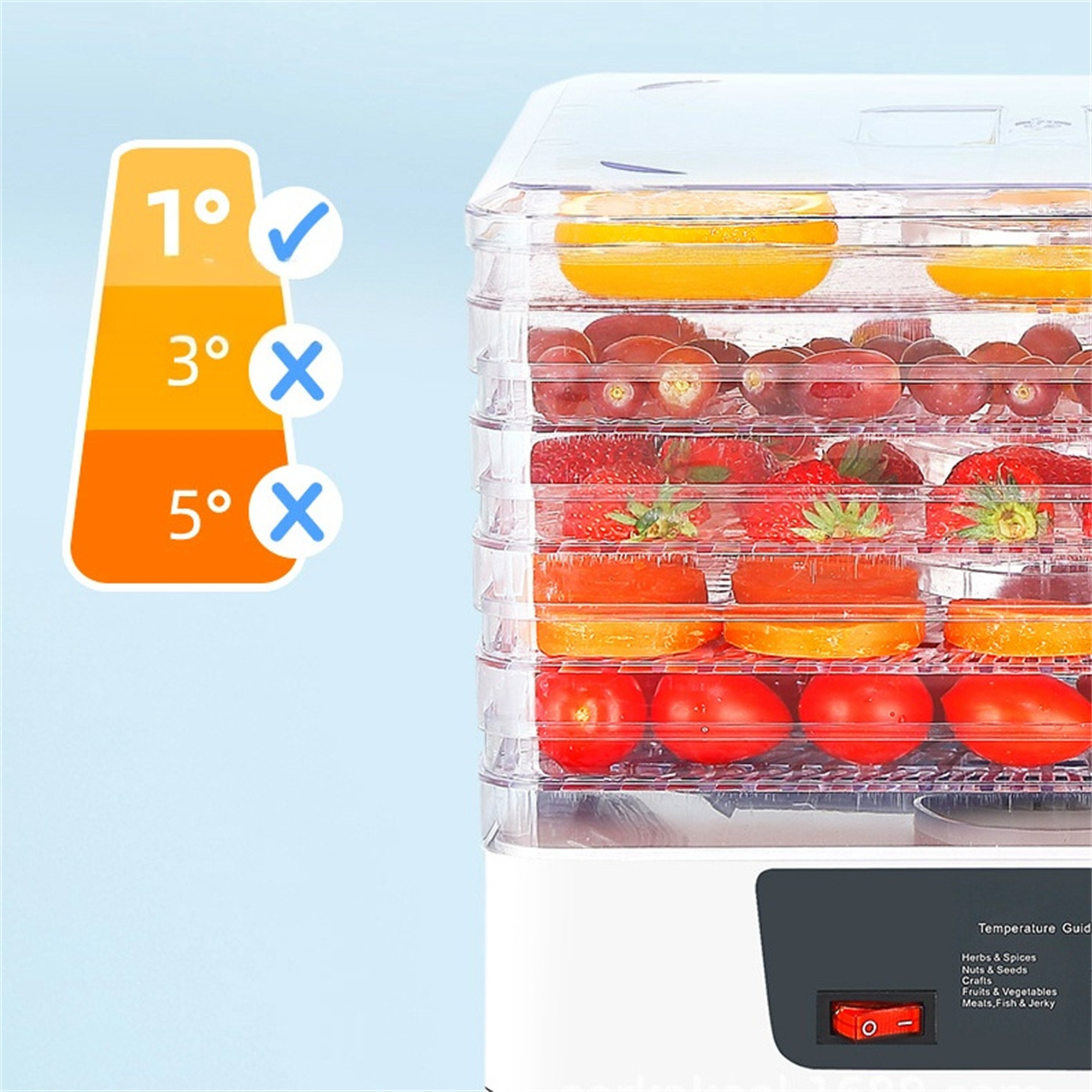 Lebensmitteltrockner mit mehreren Tabletts, gefüllt mit Obst und Gemüse. Temperaturanzeige zeigt 1°C als empfohlen an.