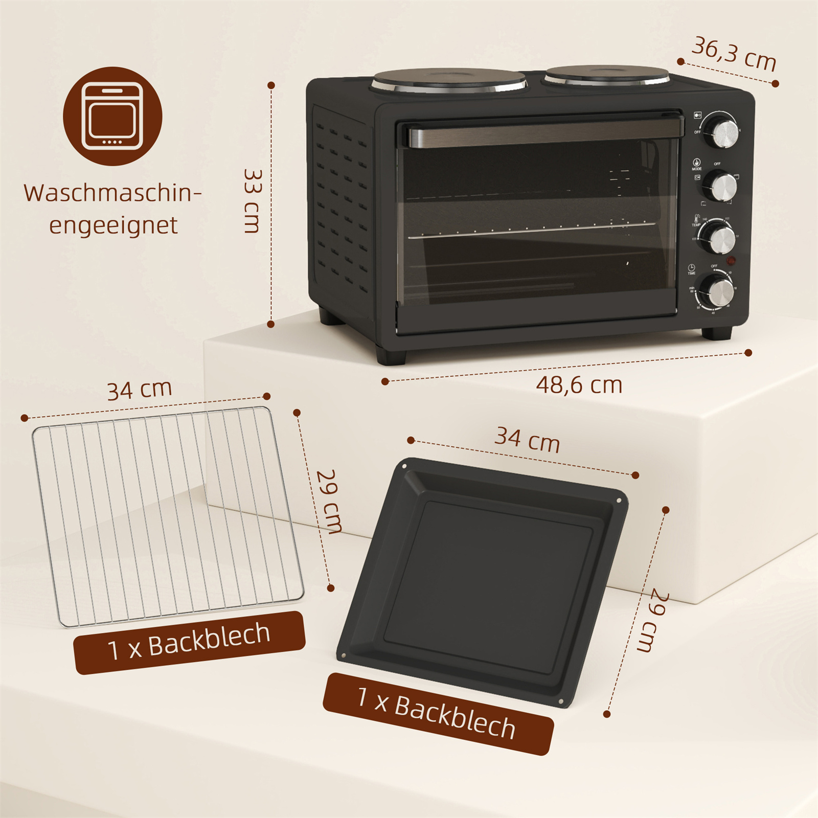 Schwarzer Tischbackofen mit Maßangaben und Zubehör auf weißem Hintergrund.