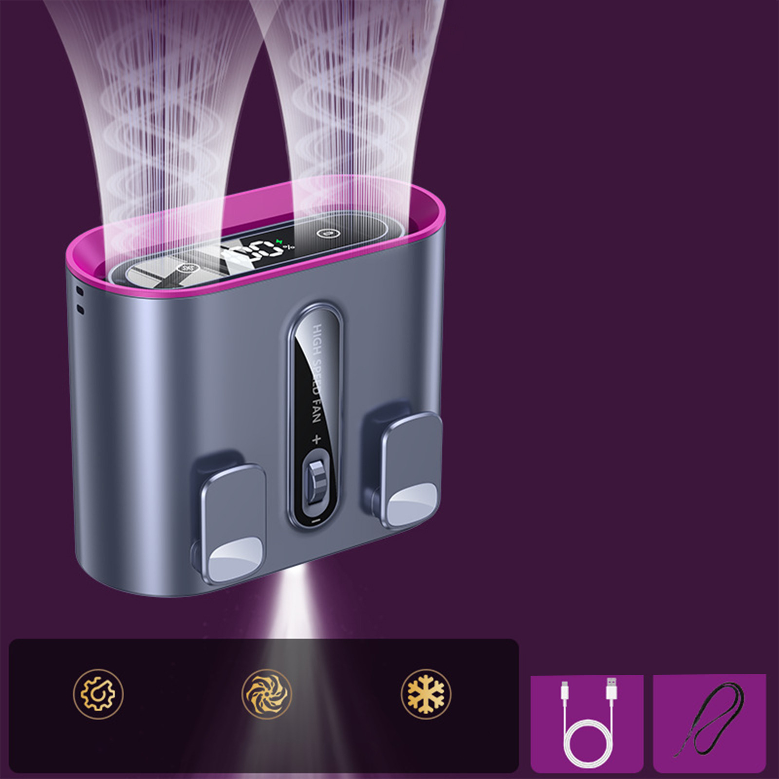 Grau-rosa Ventilator mit Digitalanzeige. USB-Kabel und Symbole unten.