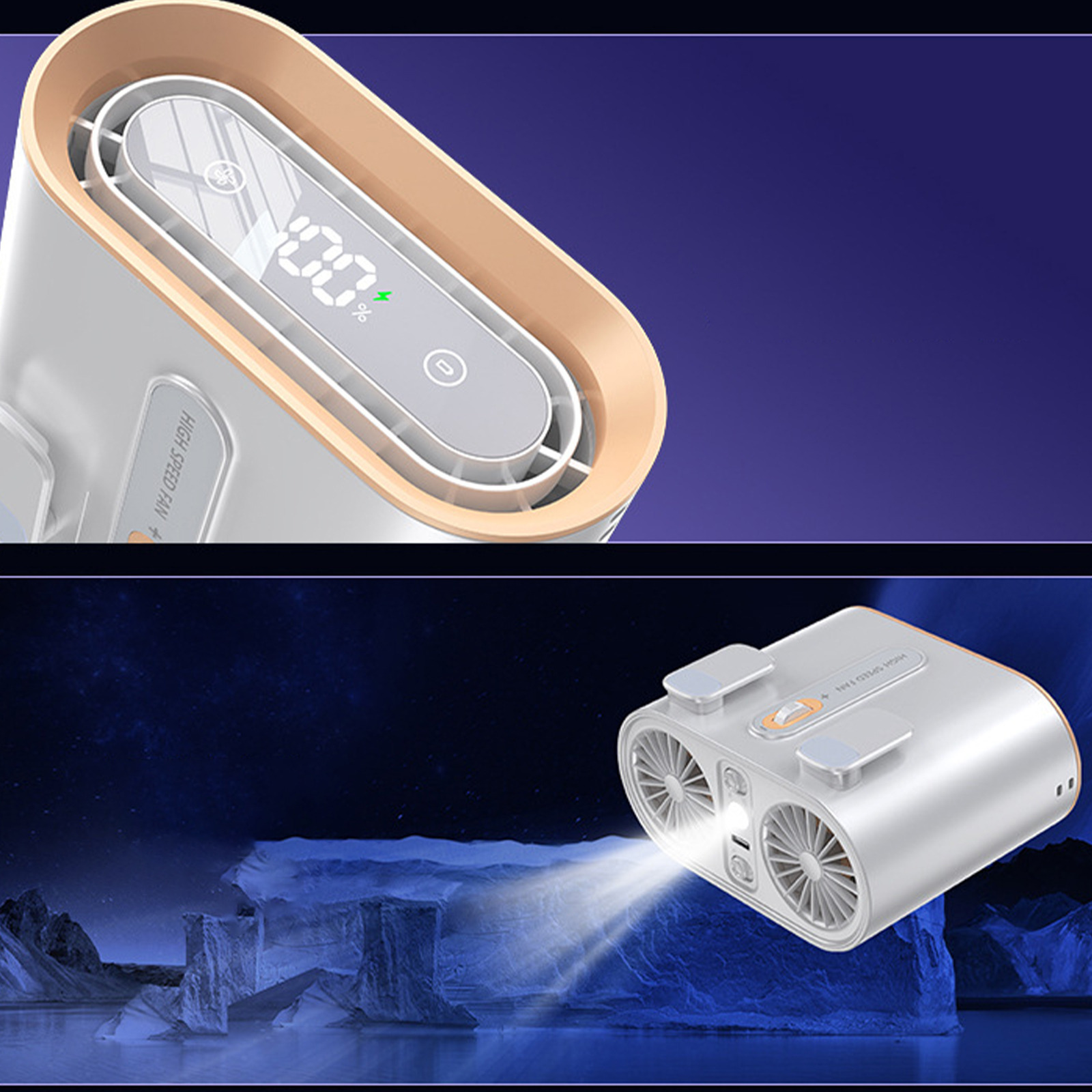 Weißer und beigefarbener tragbarer Ventilator mit digitaler Anzeige, die 100 % anzeigt, vor dunklem lila Hintergrund.