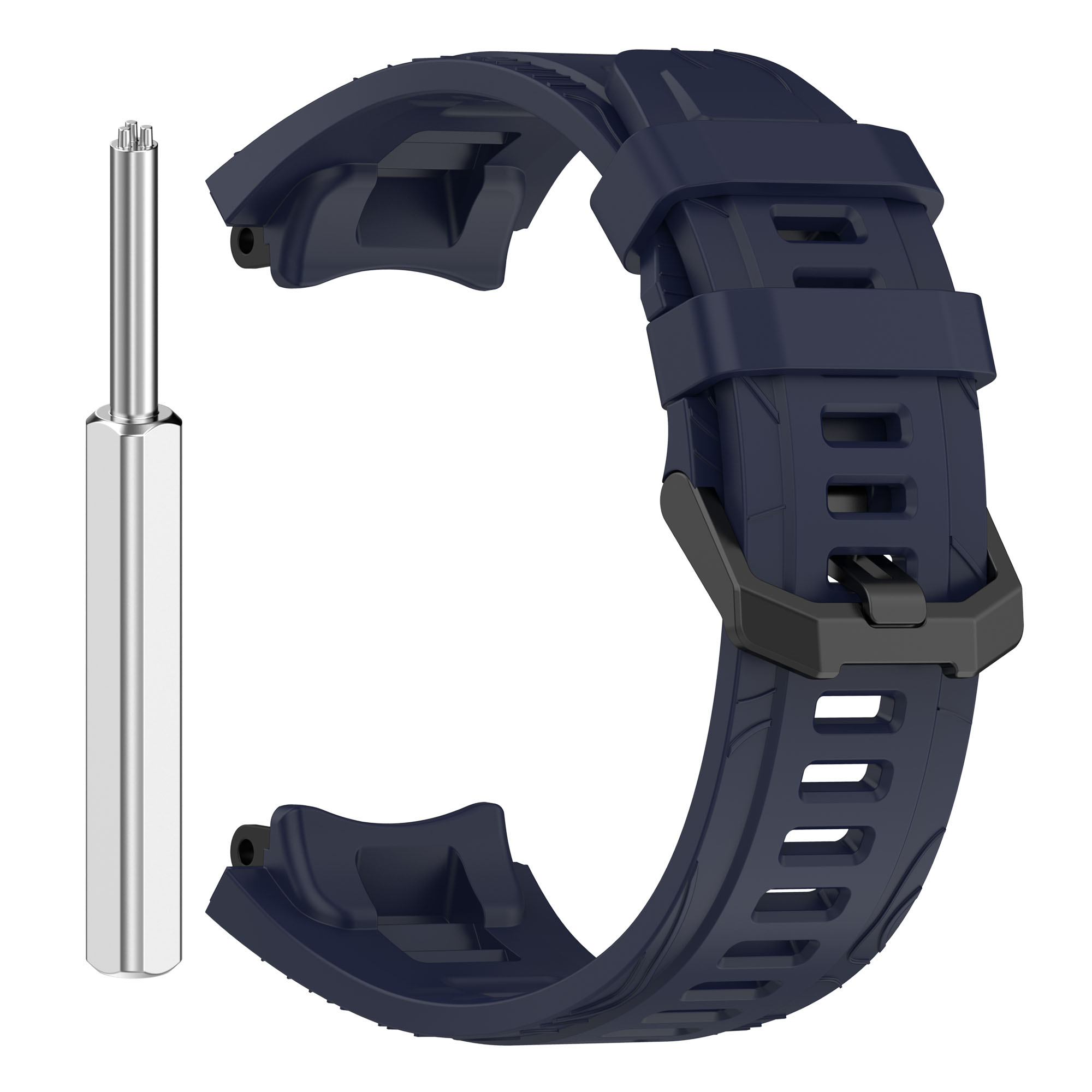 Blaues Uhrenarmband mit Schraubendreher auf weißem Hintergrund.