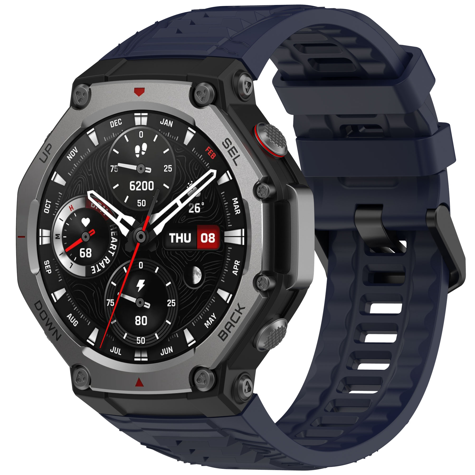 Eine Smartwatch mit schwarzem und grauem Gehäuse und blauem Armband. Der Bildschirm zeigt Daten in Weiß und Rot.