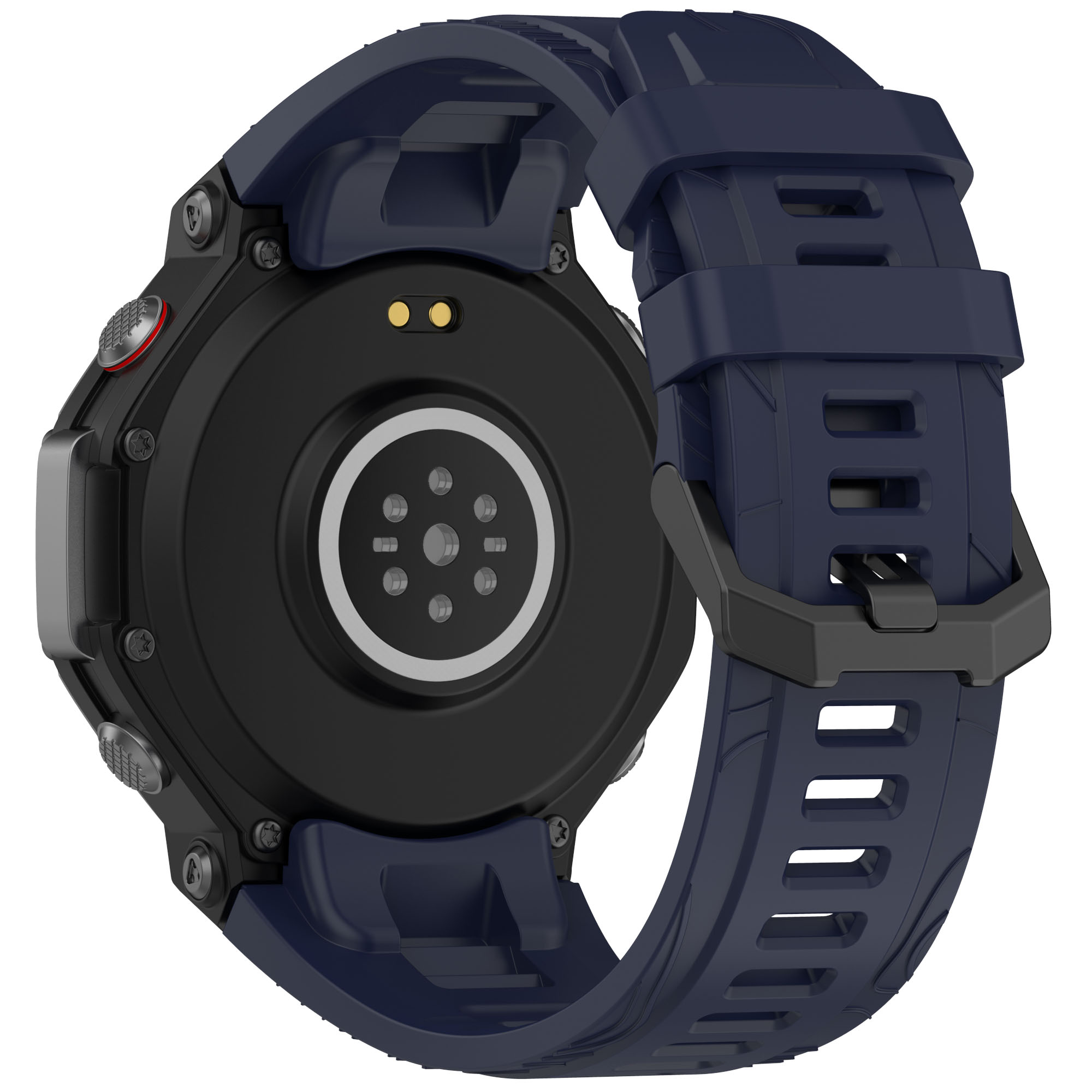 Nahaufnahme der Rückseite einer Smartwatch. Sie hat eine schwarze Basis und ein blaues Armband.
