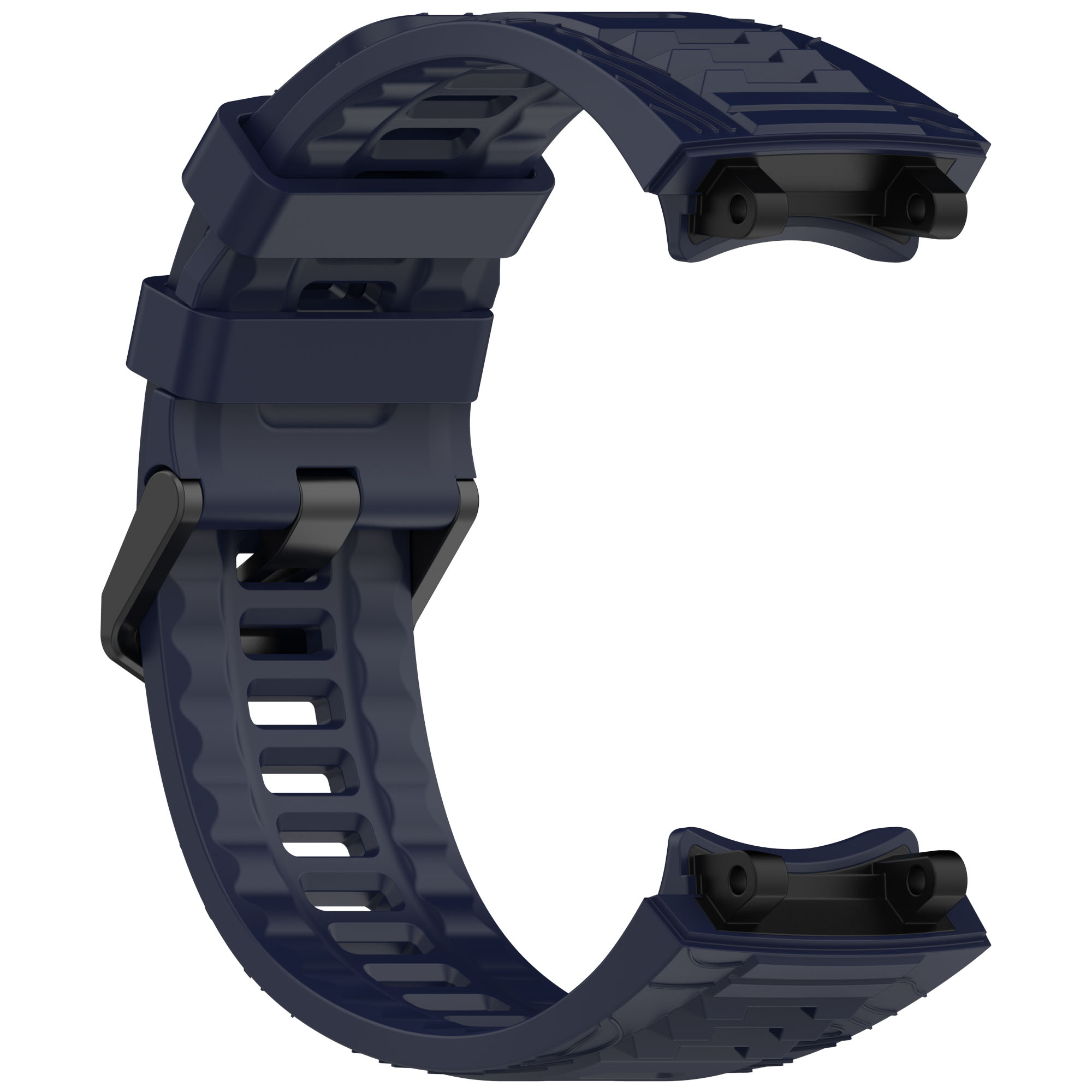 Dunkelblaues Uhrenarmband in gebogener Form mit schwarzen Details zur Befestigung.