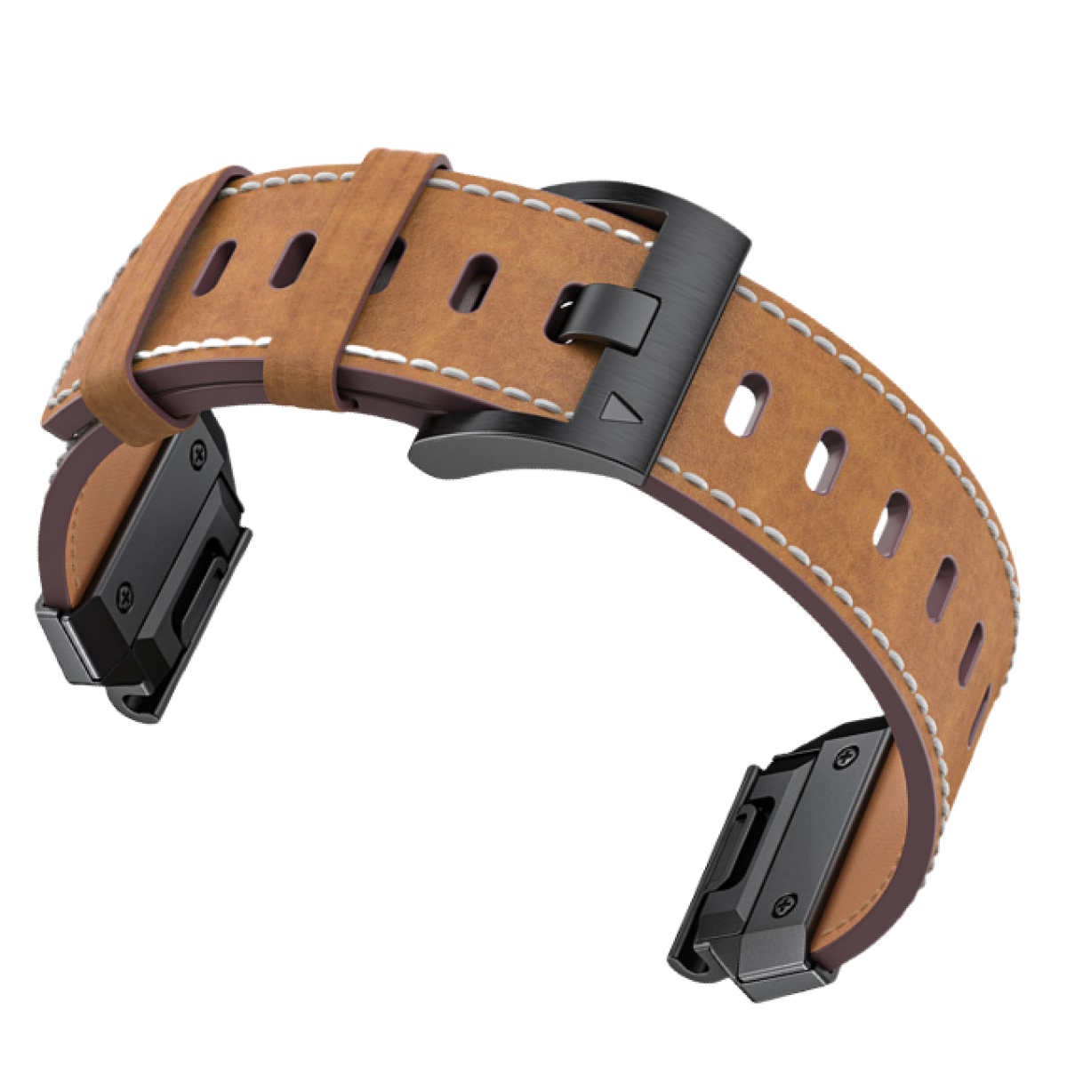 Braunes Leder-Uhrenarmband mit schwarzer Schnalle und Nähten. Weißer Hintergrund.