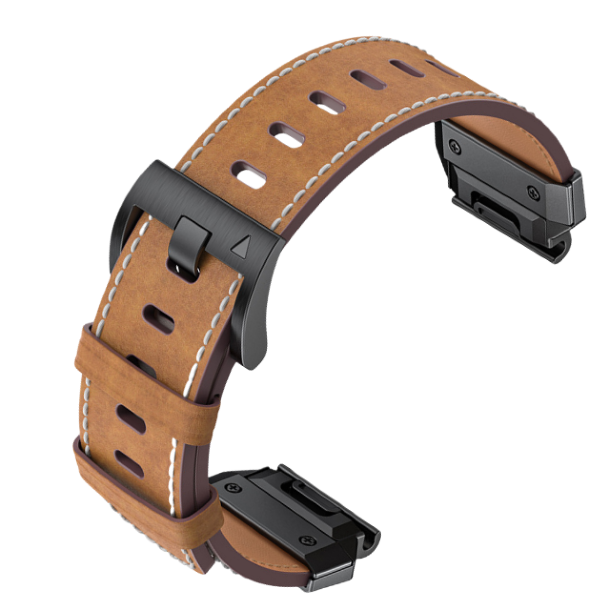 Braunes Leder-Uhrenarmband mit schwarzer Schnalle und Nähten, freigestellt auf weißem Grund.