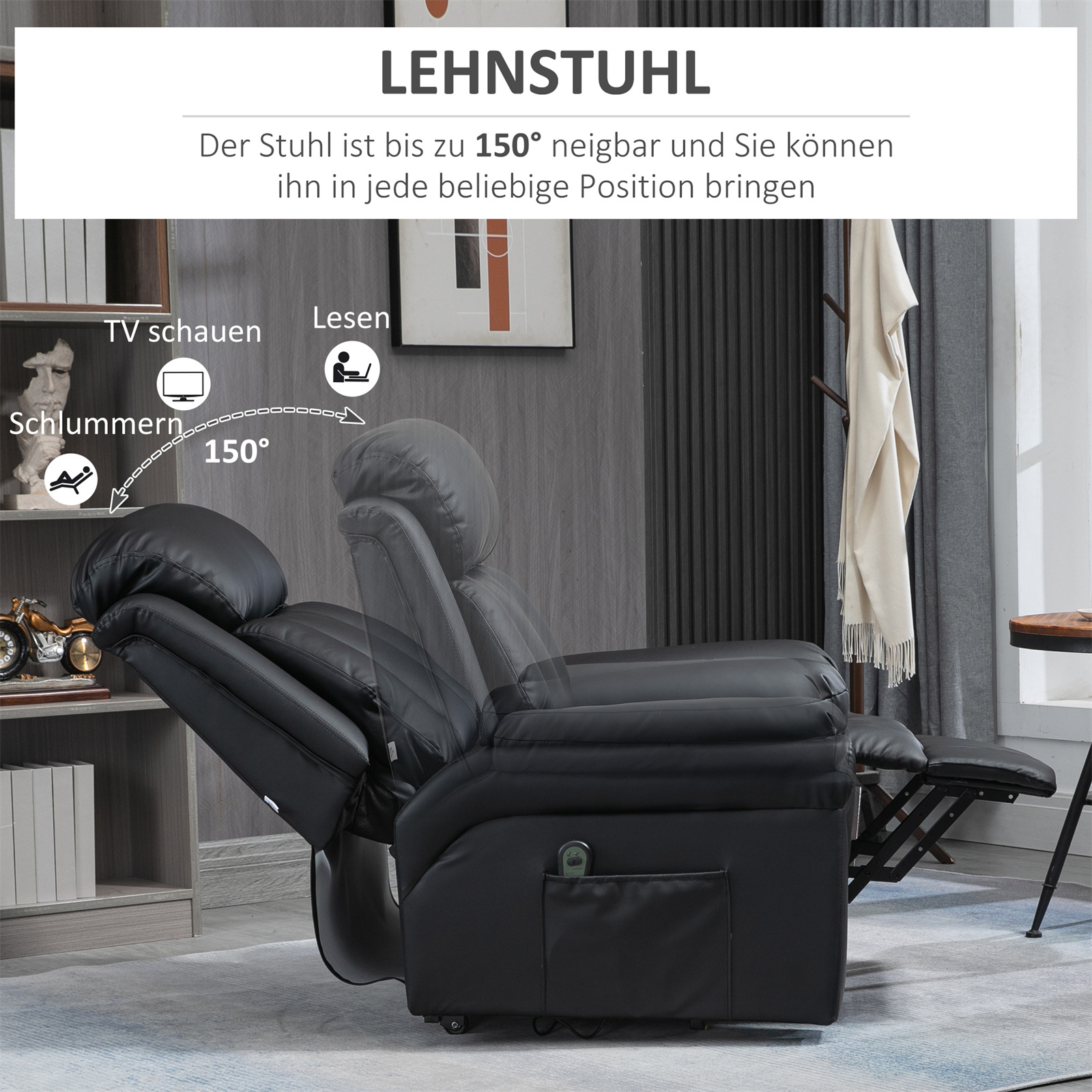 Schwarzer Relaxsessel, Text mit 150° Neigung, TV, Lesen und Schlafpositionen.