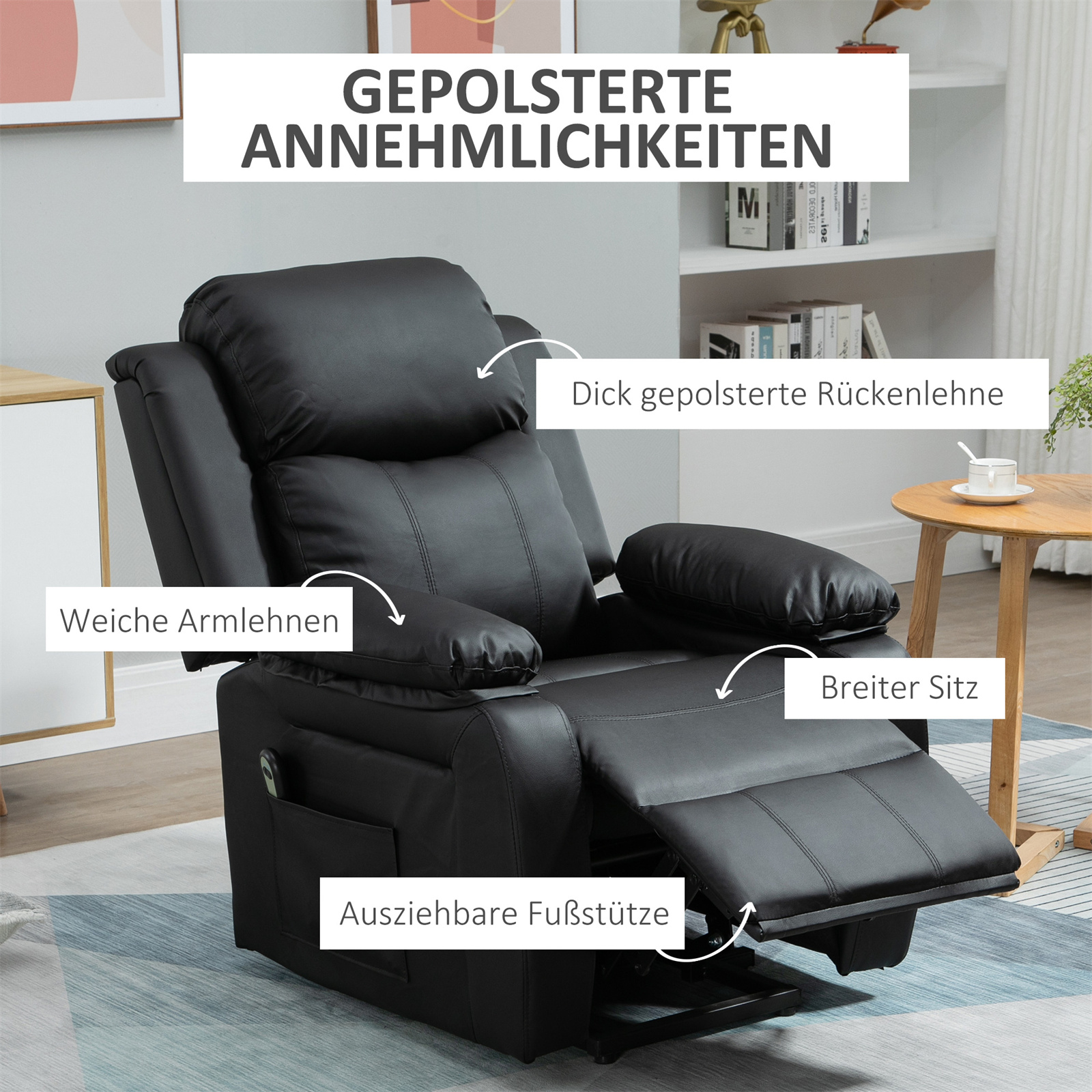 Schwarzer Relaxsessel mit ausgefahrenem Fußteil. Textkennzeichnungen weisen auf Merkmale hin.