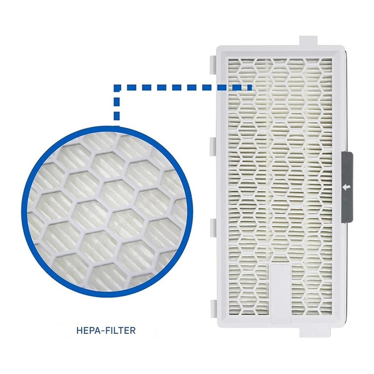 HEPA-Filter-Nahaufnahme mit Wabenstruktur und blauem Kreis.