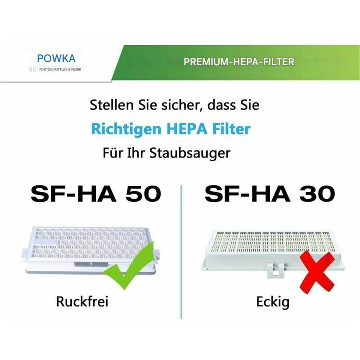 Zwei HEPA-Filter-Diagramme. Eines zeigt ein grünes Häkchen, das andere ein rotes X. Text ist auf Deutsch.