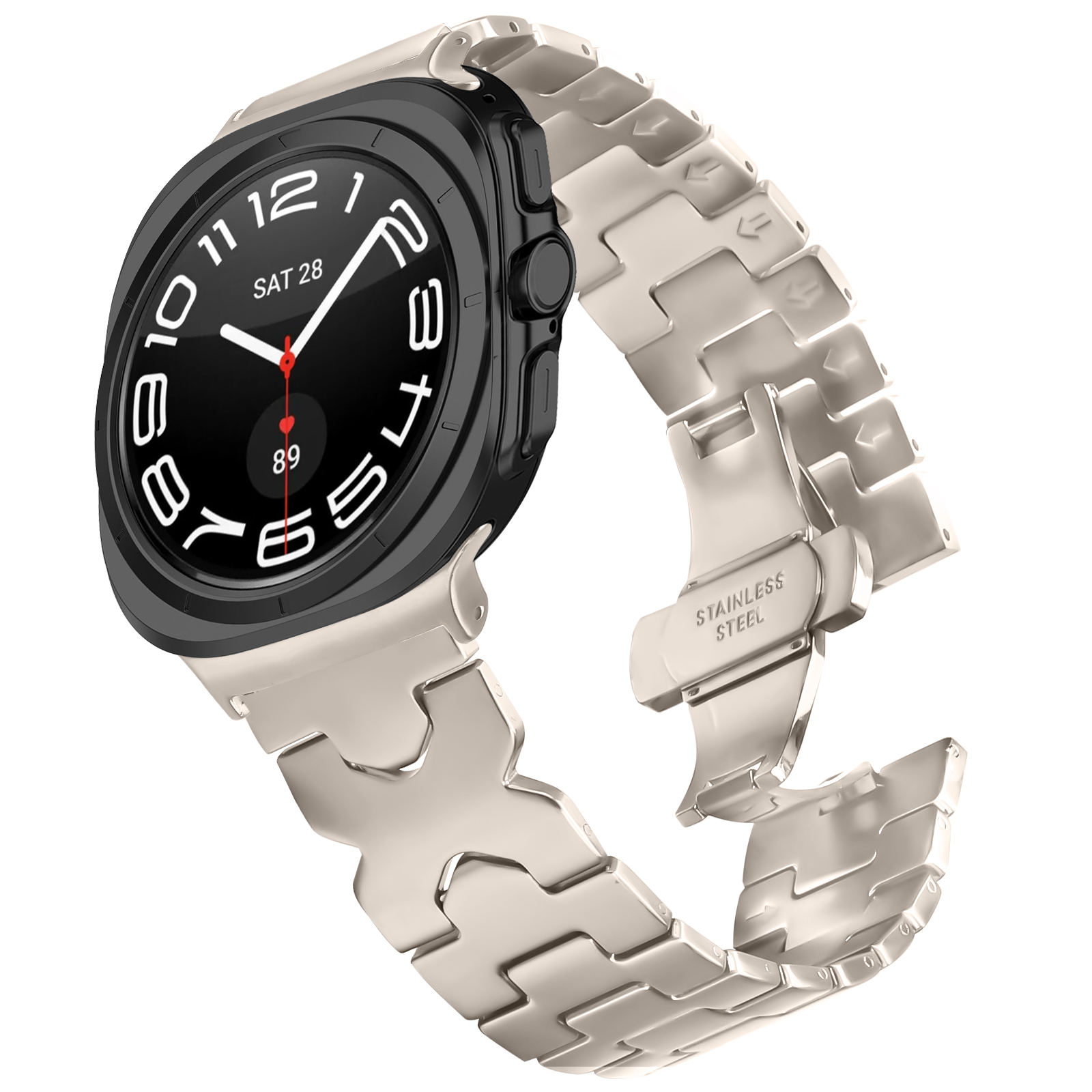 Smartwatch con cinturino in acciaio inossidabile. Schermo nero con numeri bianchi. Stile moderno.