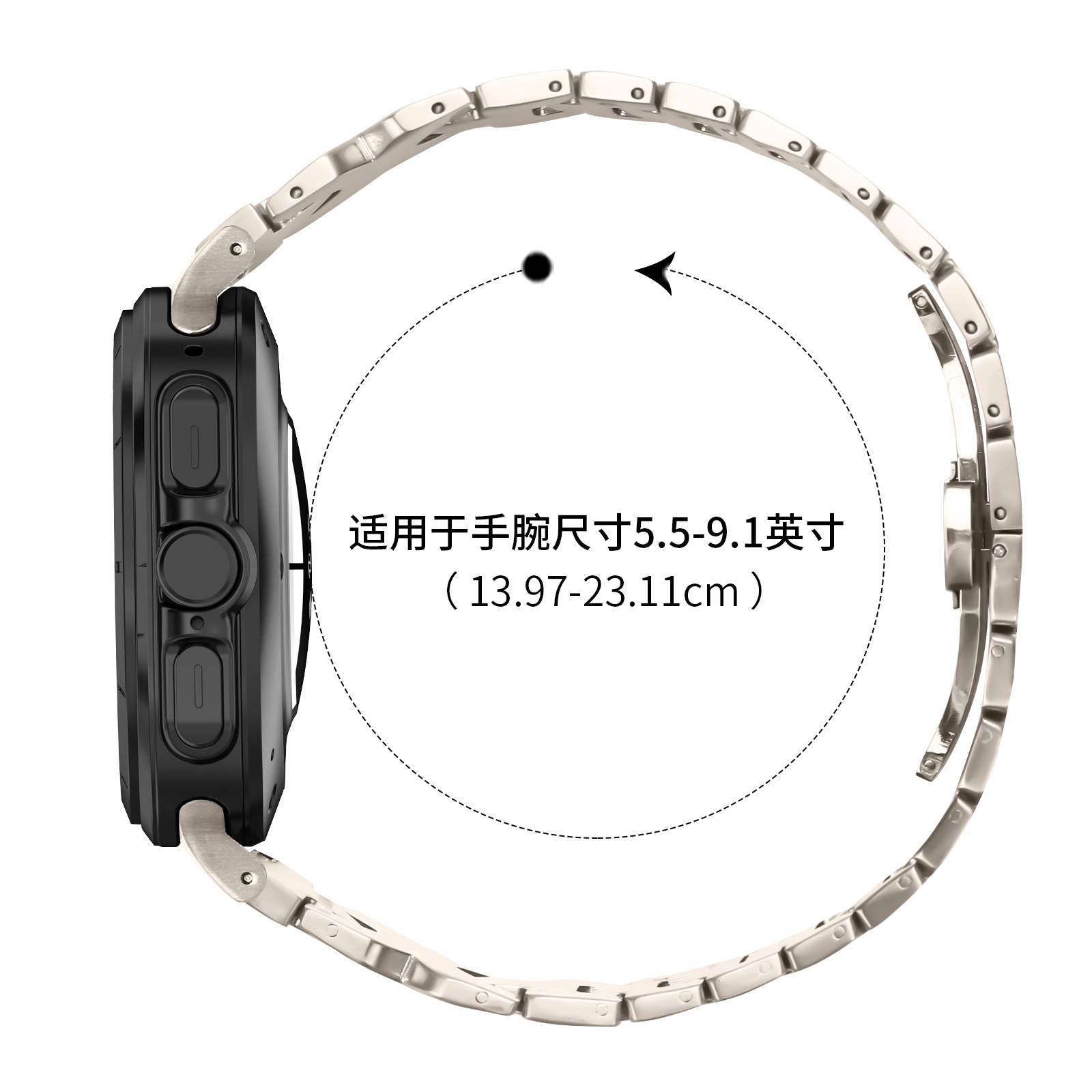 Smartwatch nero con cinturino argento, mostra la dimensione del cinturino e le dimensioni dell'orologio.