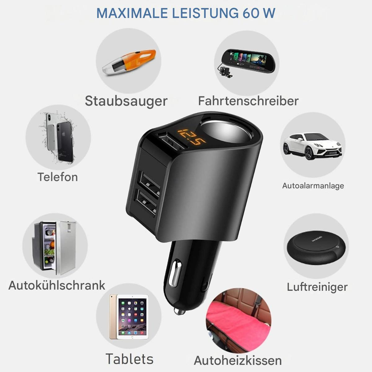 Ein Autoladegerät mit USB-Anschlüssen, umgeben von Bildern verwandter Produkte.