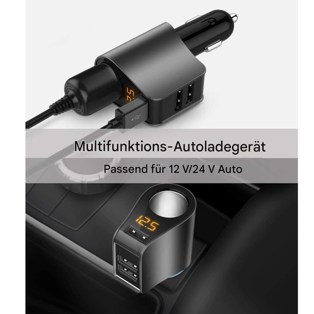 Ein Autoladegerät mit mehreren USB-Anschlüssen. Es zeigt die Spannung der Autobatterie an. Text auf Deutsch.