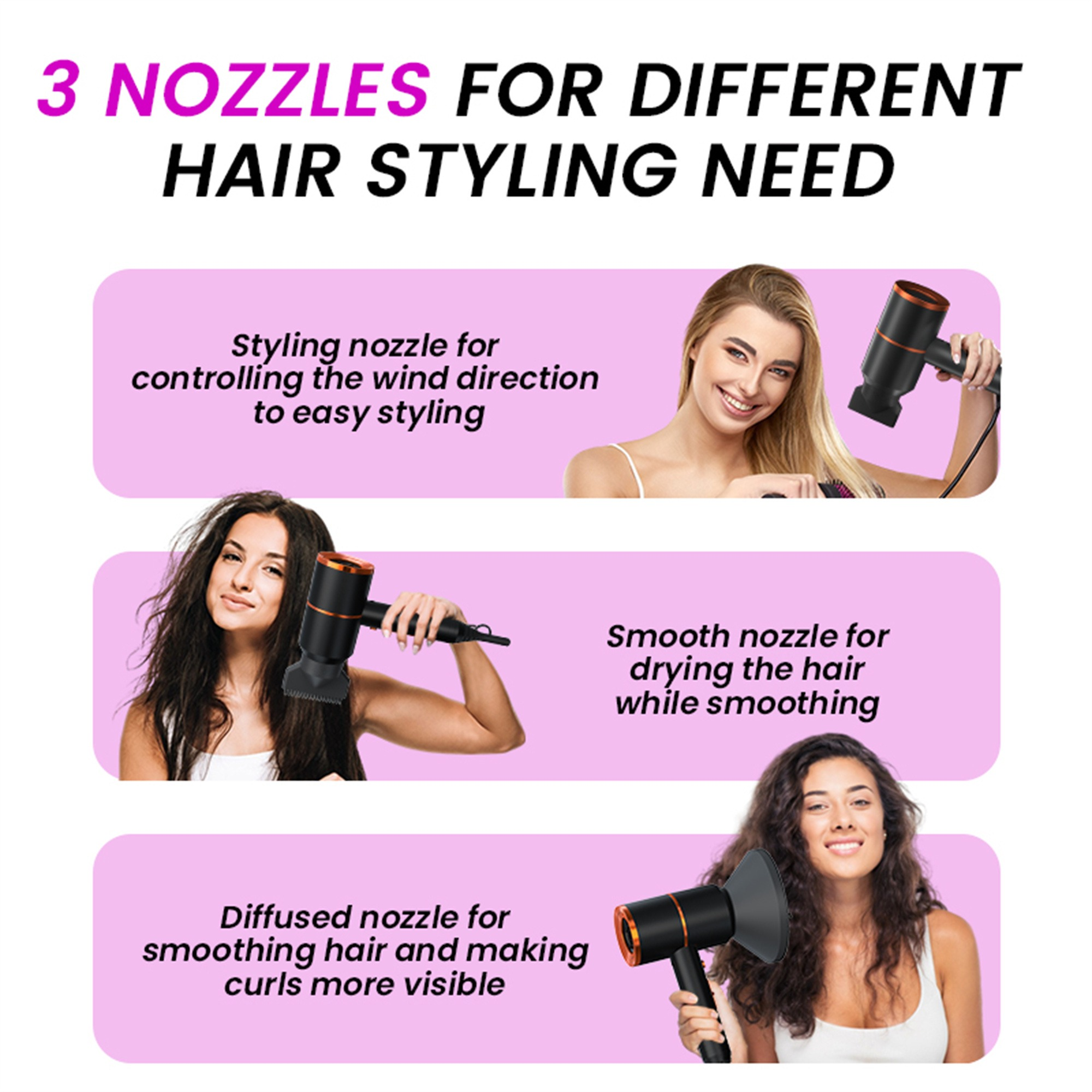 Das Bild zeigt drei Aufsätze zum Haarstyling mit Beschreibungen und Personen, die jeden Aufsatz verwenden.