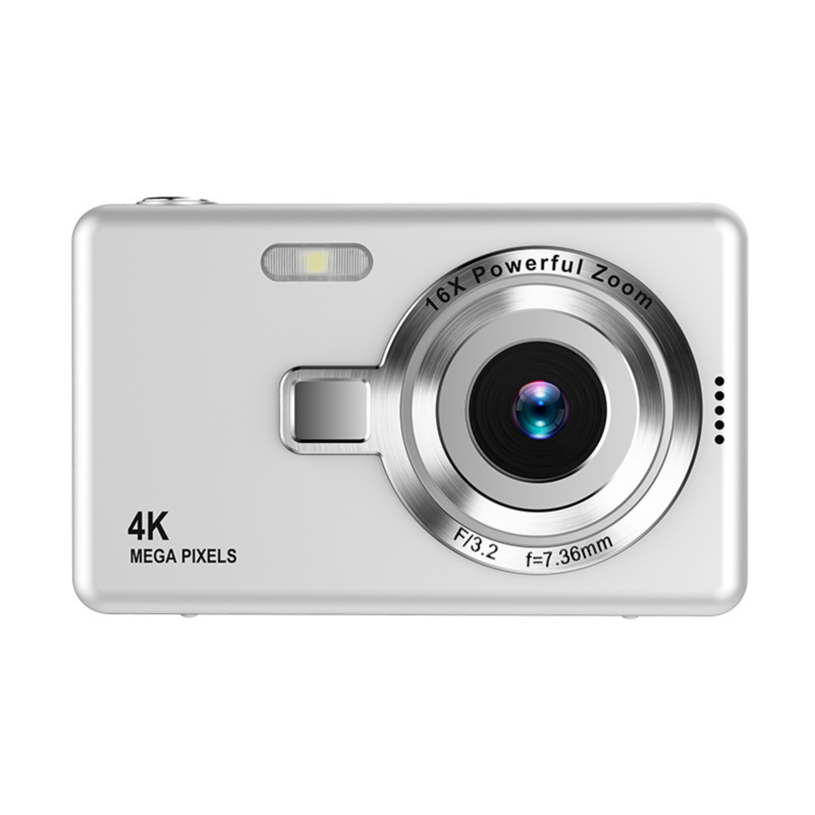 Weiße Digitalkamera mit 16x Zoomobjektiv und 4K Megapixel. Silberne Objektivdetails.
