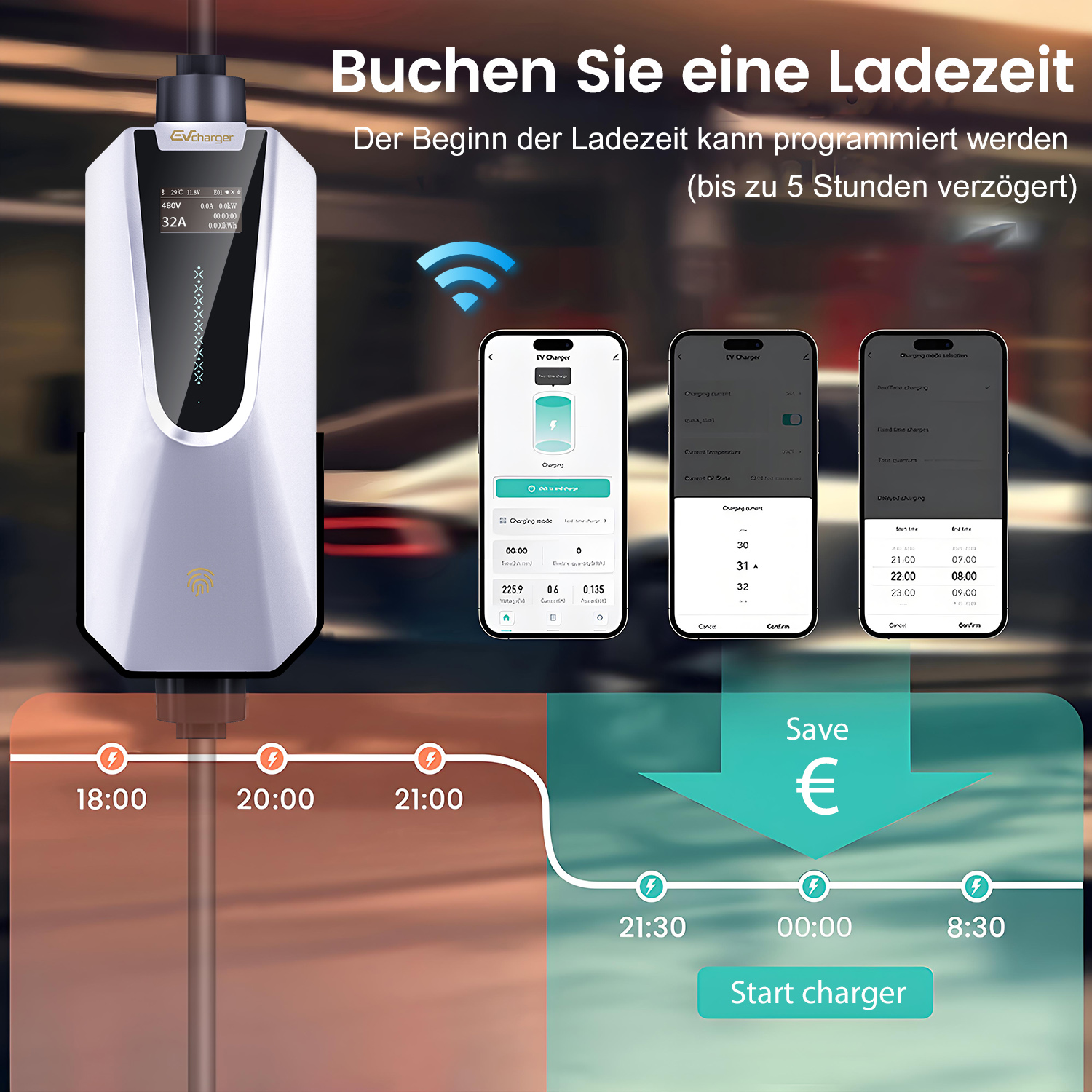 Stacja ładowania z ekranem pokazującym postęp ładowania, podłączona do telefonu.