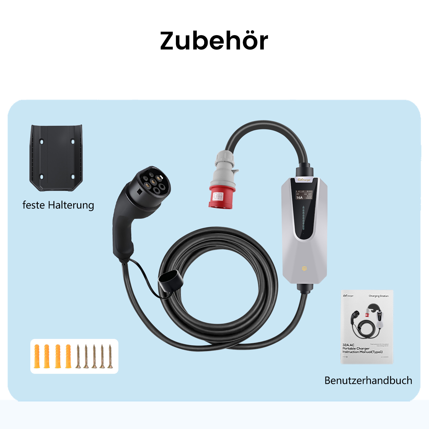Zestaw ładowarki do samochodu elektrycznego. Stacja ładowania, kabel, elementy montażowe.