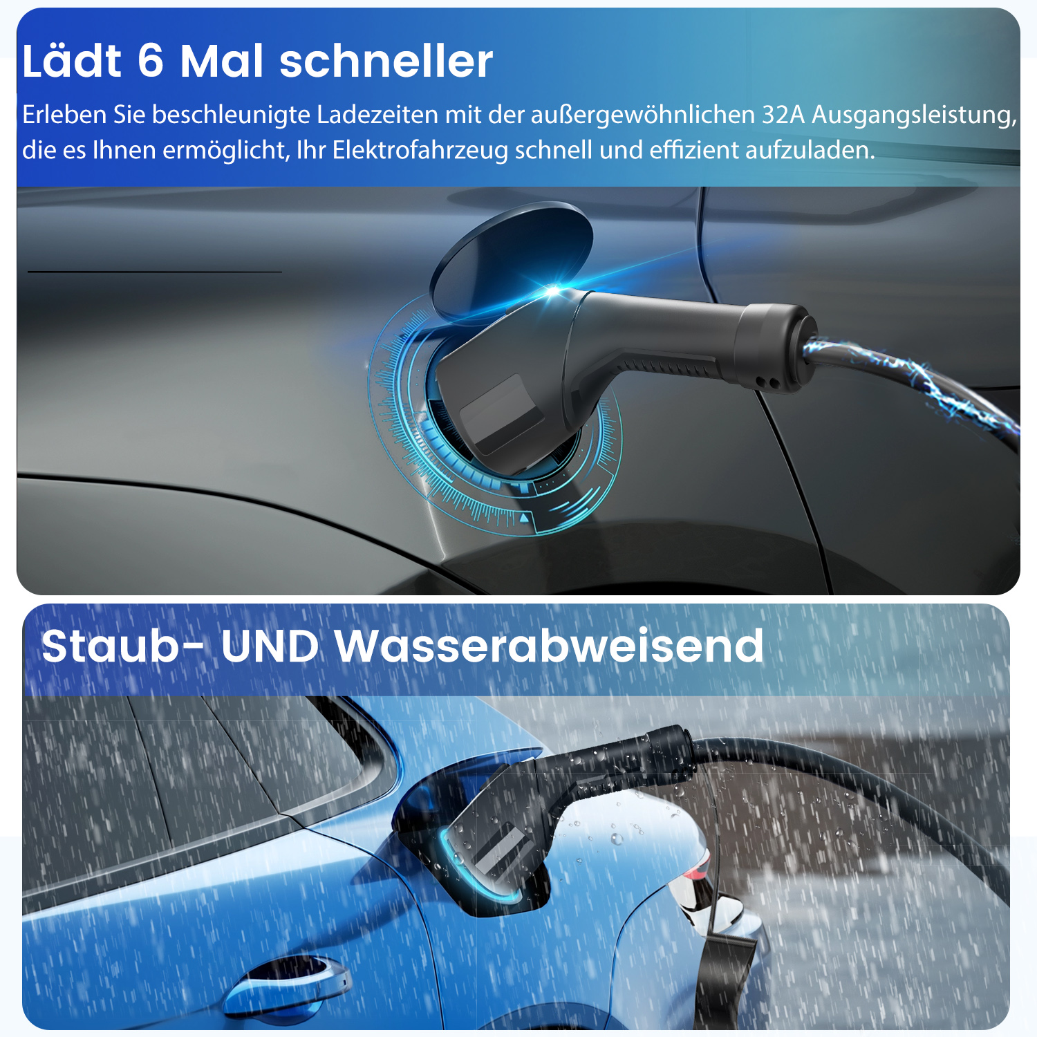 Ładowanie samochodu. Czarna ładowarka podłączona do niebieskiego samochodu. Niebieskie tło. Deszcz i kurz.