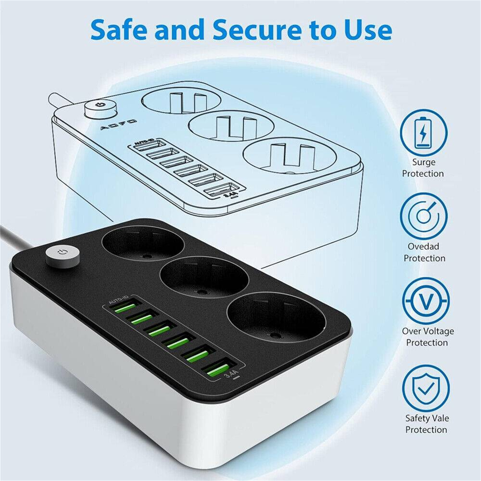 Schwarze Steckdosenleiste mit Steckdosen und USB-Anschlüssen. Merkmale sind Überspannungs-, Überlast-, Überspannungs- und Sicherheitsventilschutz.