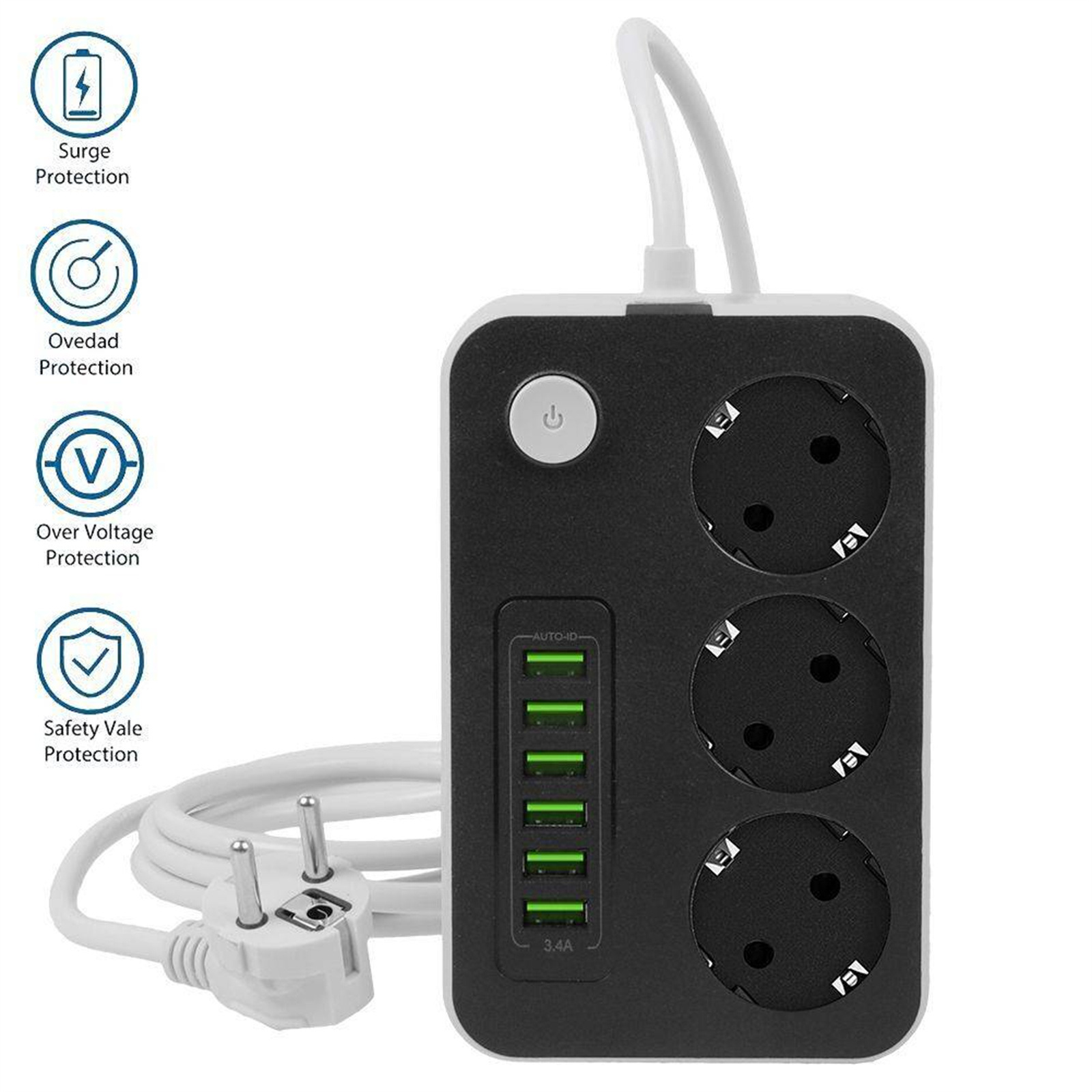 Schwarz-weiß Steckdosenleiste mit drei Steckdosen, mehreren USB-Anschlüssen und Sicherheitshinweisen.