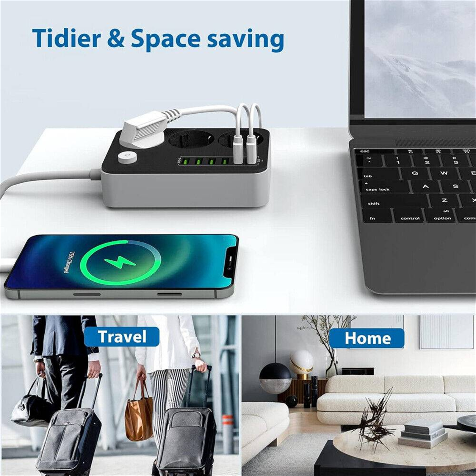 Steckdosenleiste mit USB-Anschlüssen, lädt Telefon. Laptop im Hintergrund.