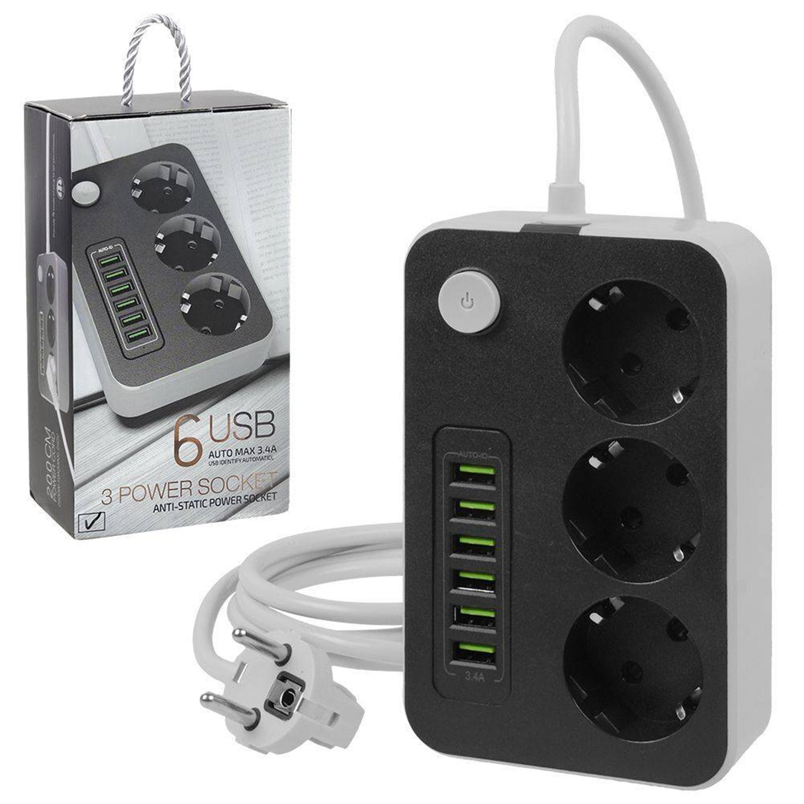 Steckdosenleiste mit 6 USB-Anschlüssen und 3 Steckdosen sowie einem Netzstecker.