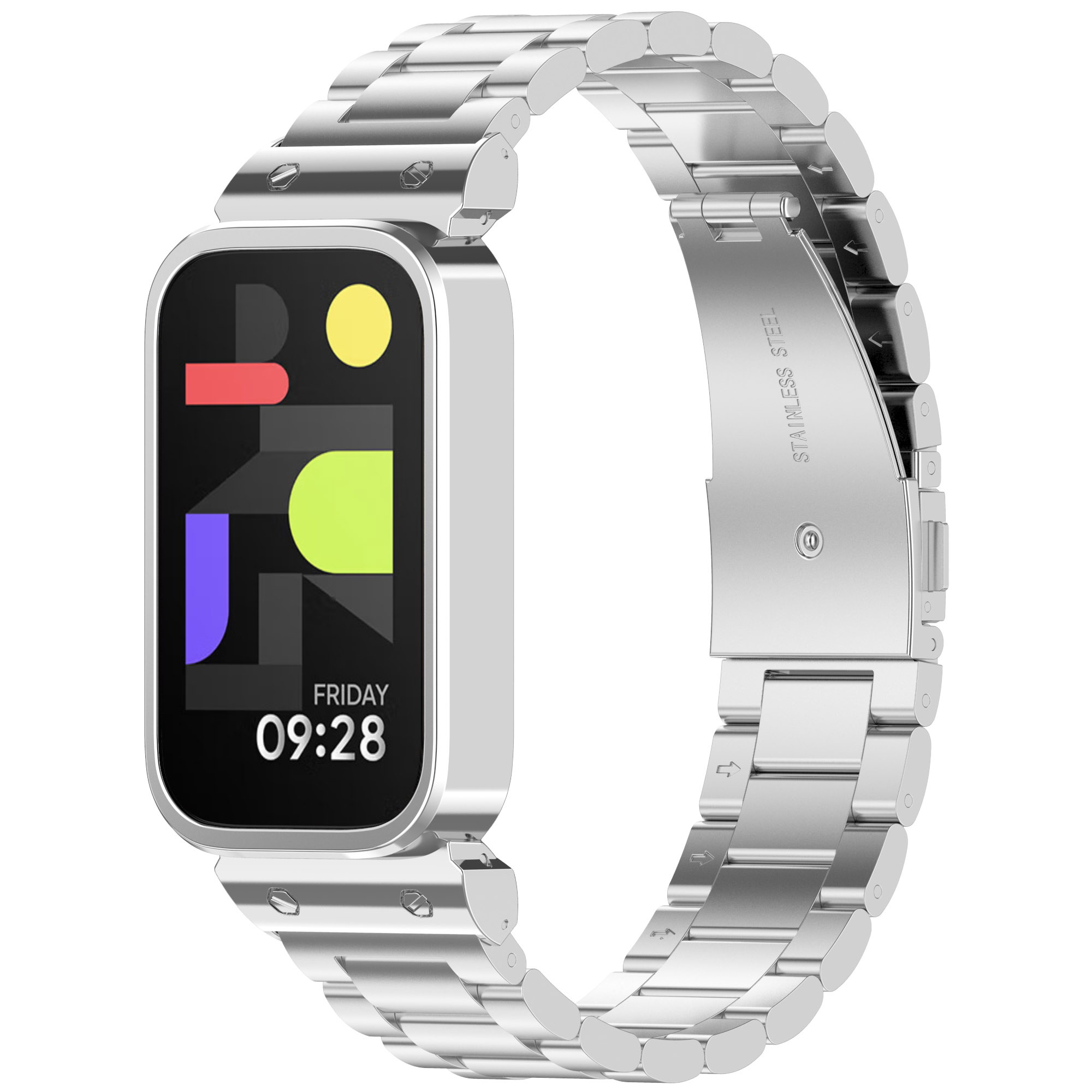 Eine silberne Smartwatch mit schwarzem Bildschirm, der Zeit und farbige Formen zeigt. Edelstahlarmband.