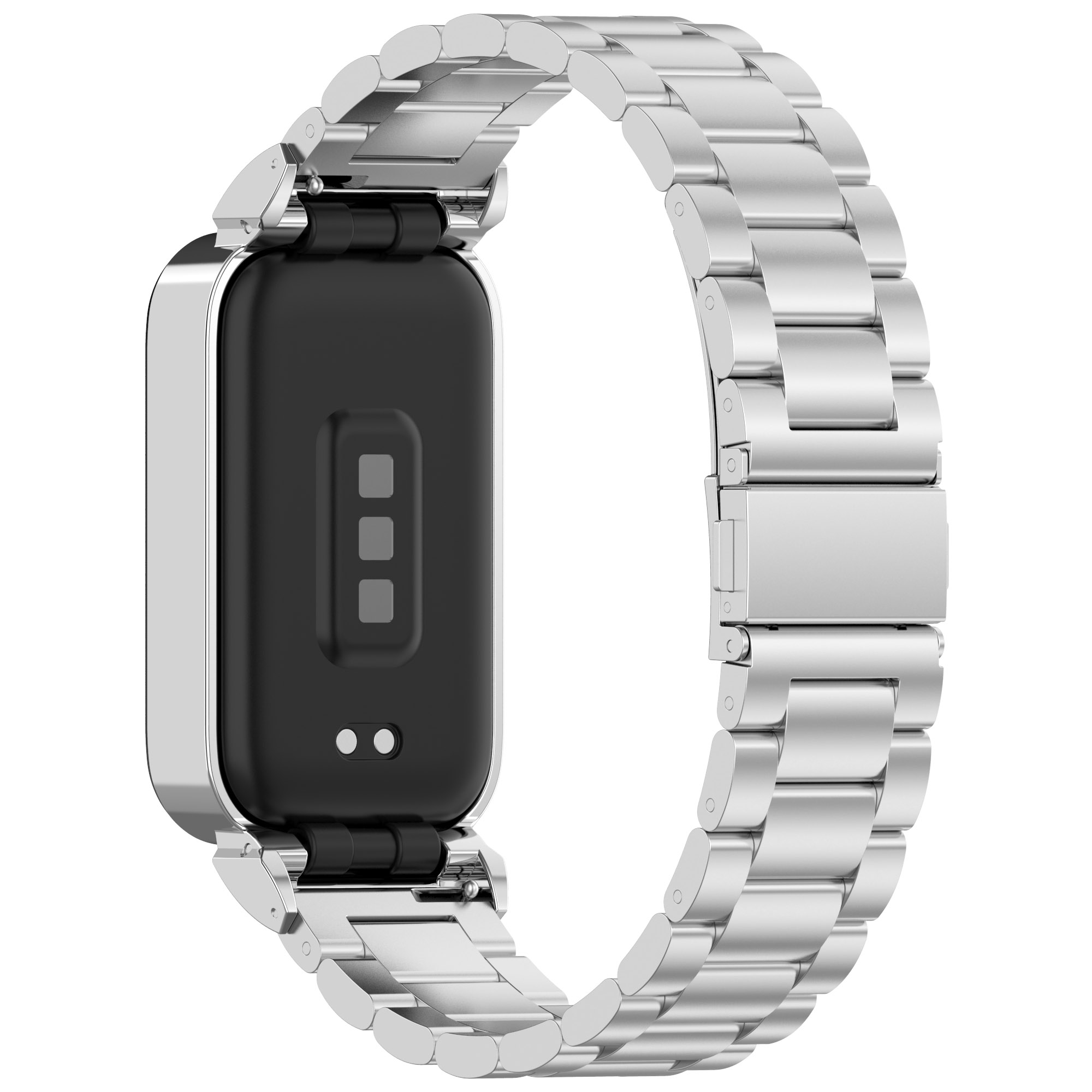 Silbernes Smartwatch-Armband mit Uhr. Die Unterseite der Uhr ist sichtbar, mit drei Punkten.