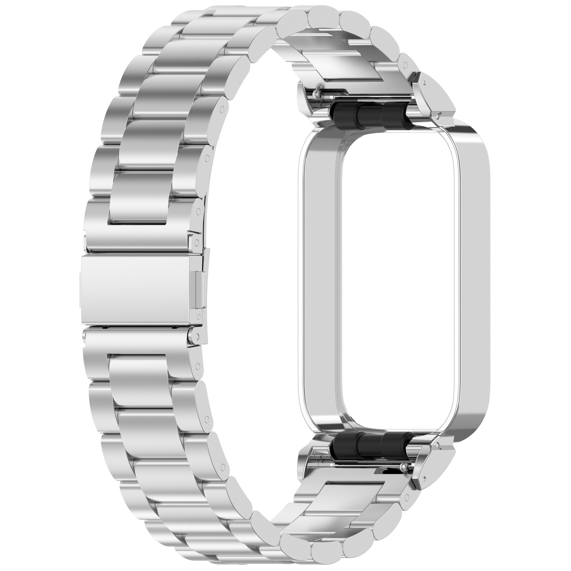 Silbernes Uhrenarmband mit Verschluss auf weißem Hintergrund.