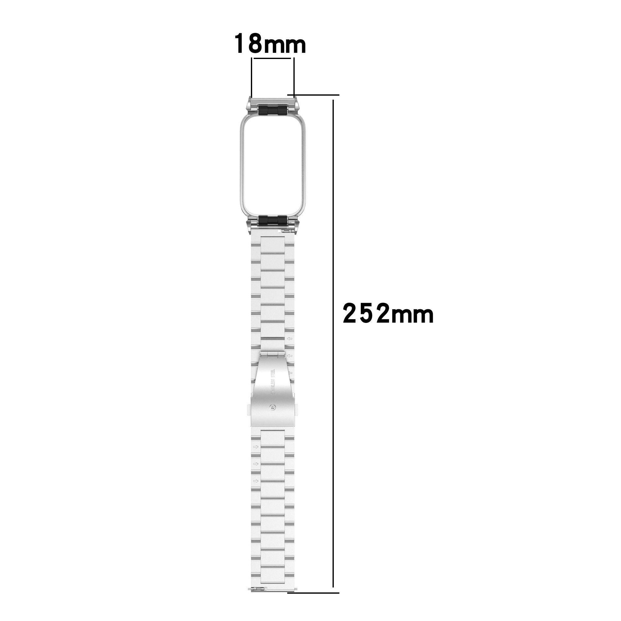 Ein Uhrenarmband mit beschrifteten Abmessungen, das ein silbernes Metallgliederband zeigt.