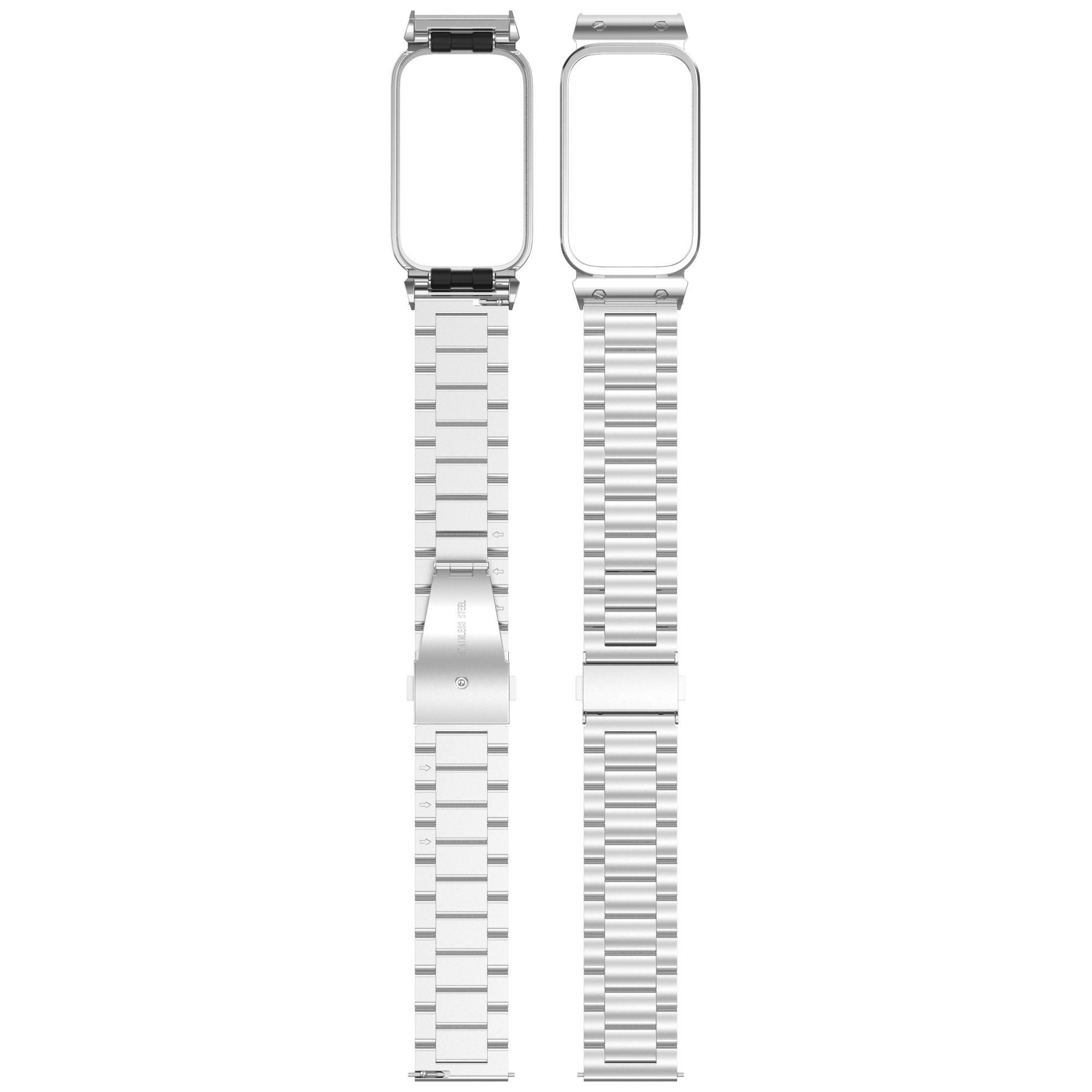 Zwei silberne Uhrenarmbänder mit Edelstahlverschluss, ausgelegt.
