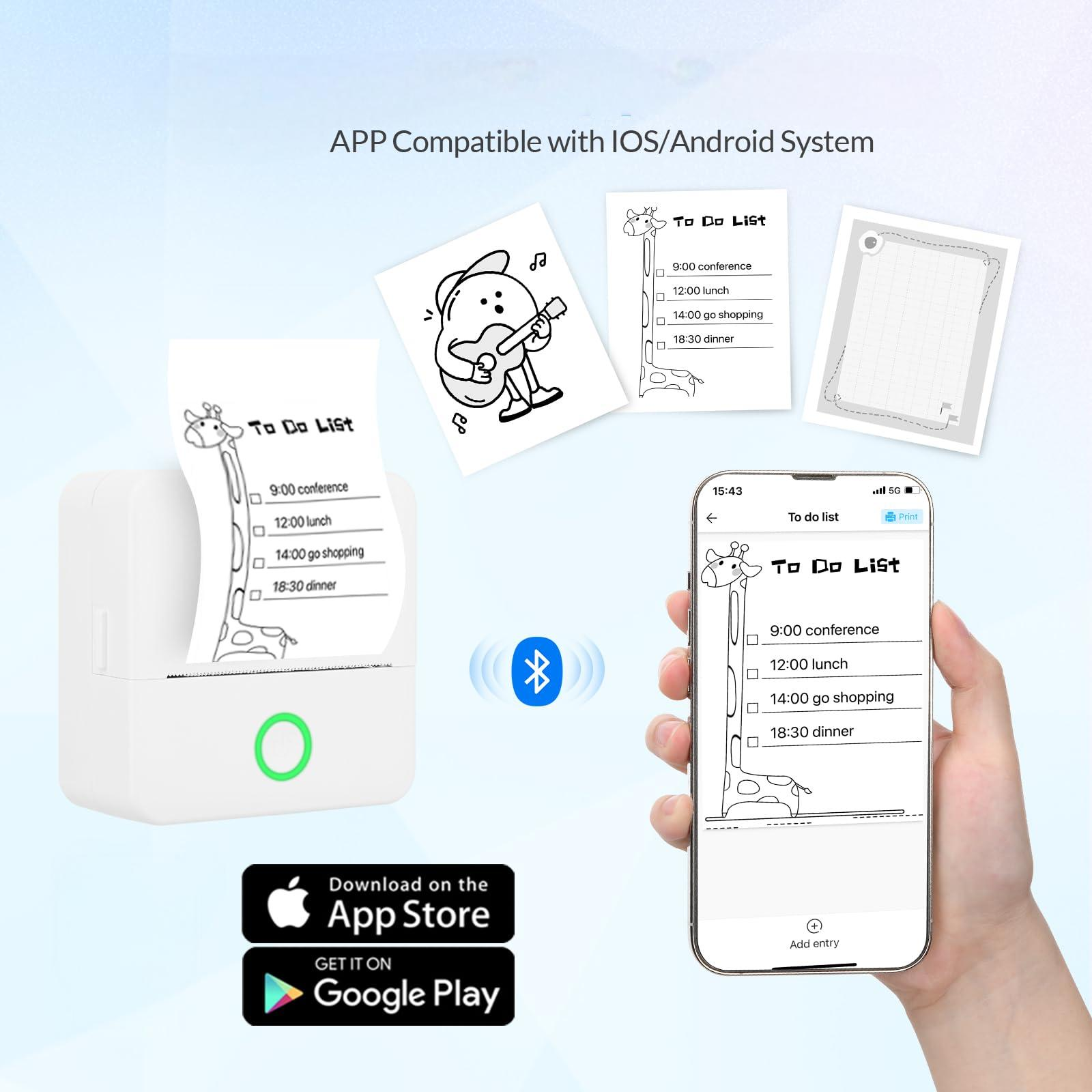 Ein tragbarer Drucker druckt eine To-Do-Liste, die auf einem Telefonbildschirm angezeigt wird. App-Download-Optionen.