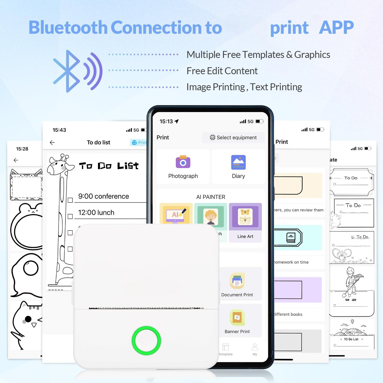 Smartphone mit App-Oberfläche, Drucker und Grafiken. Zeigt ein Mobiltelefon mit Druckoptionen.