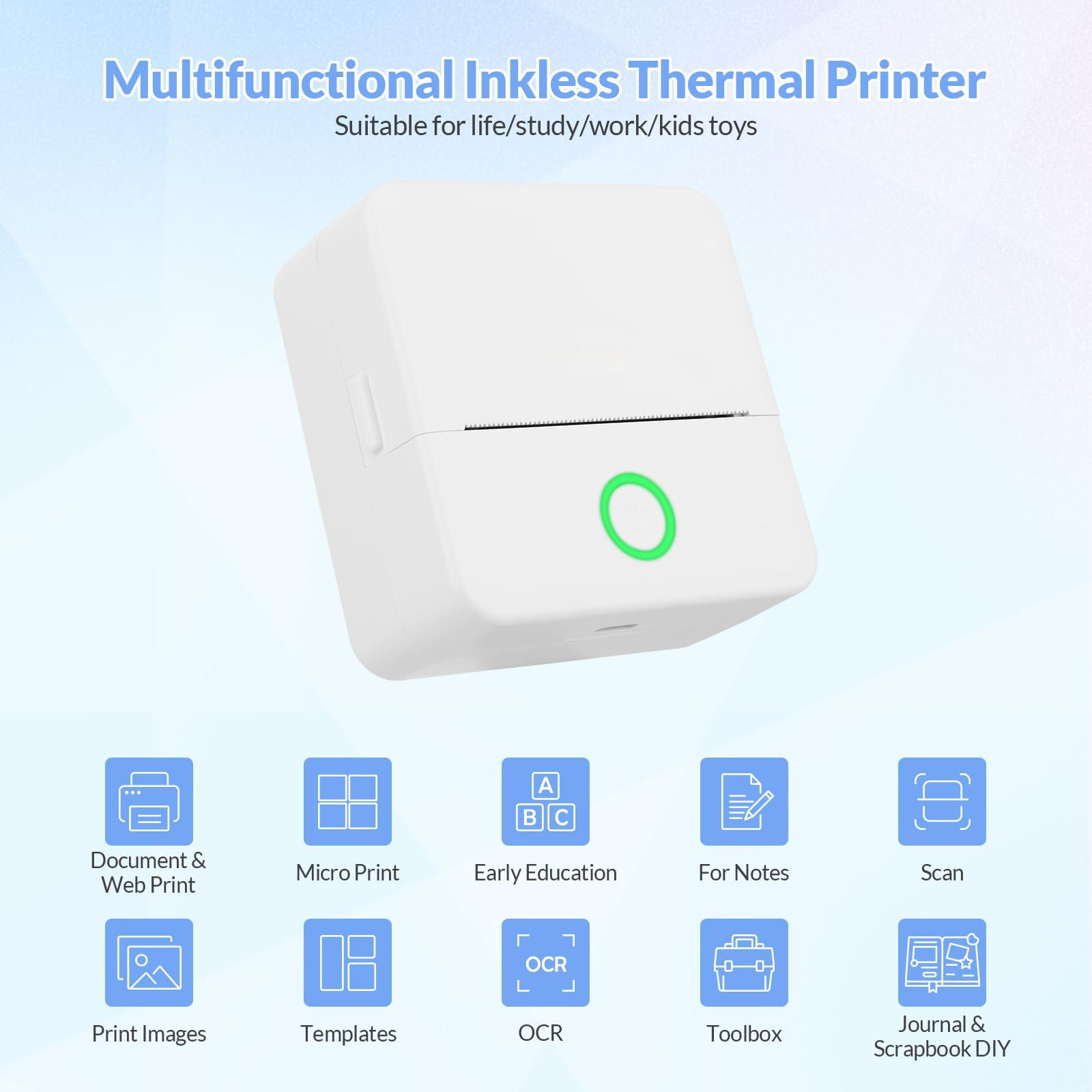 Weißer, tintenloser Thermodrucker mit Symbolen für Drucken, Lernen, Notizen, Scannen und DIY.