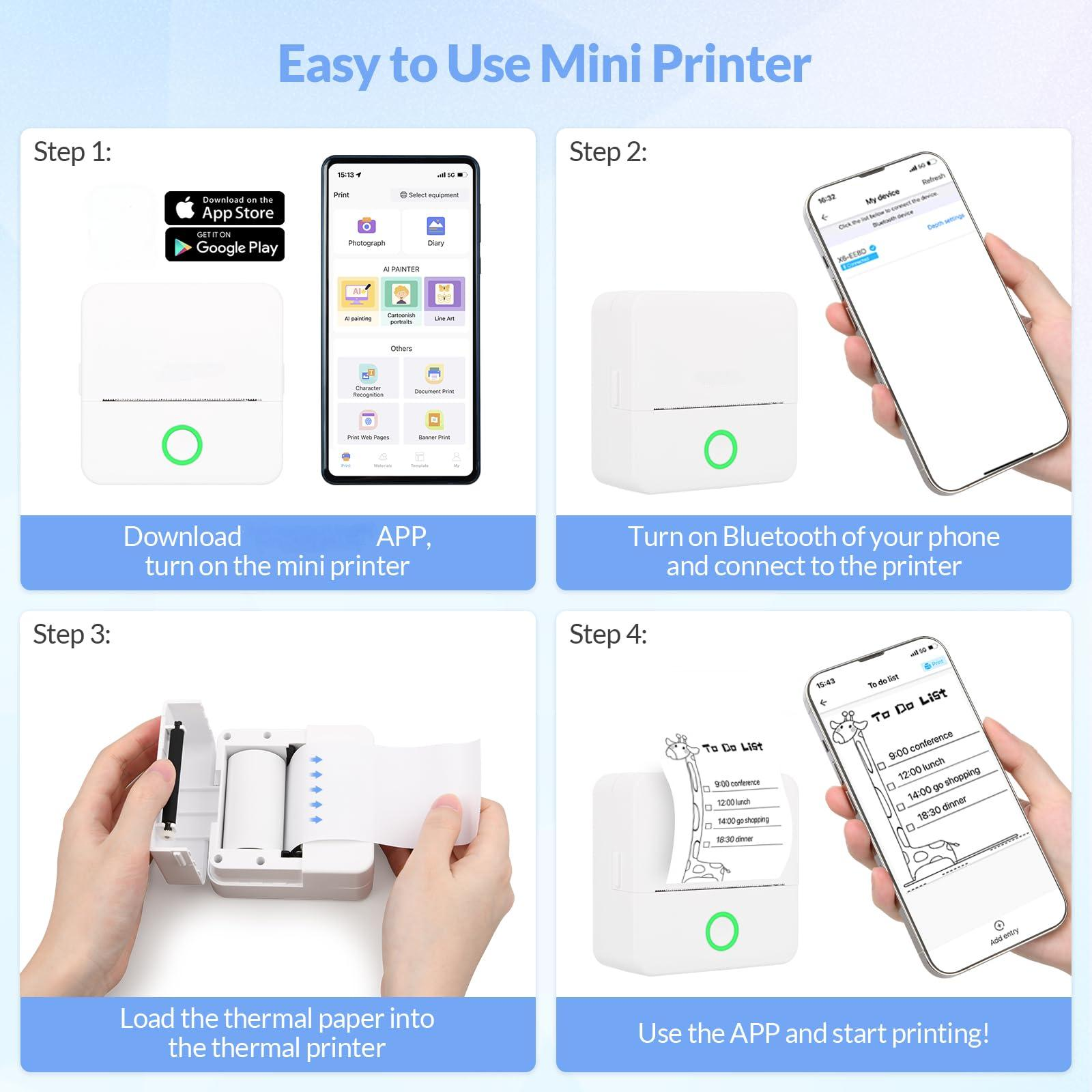 Anweisungen für einen Mini-Drucker: App herunterladen, Telefon per Bluetooth verbinden, Papier einlegen, drucken.
